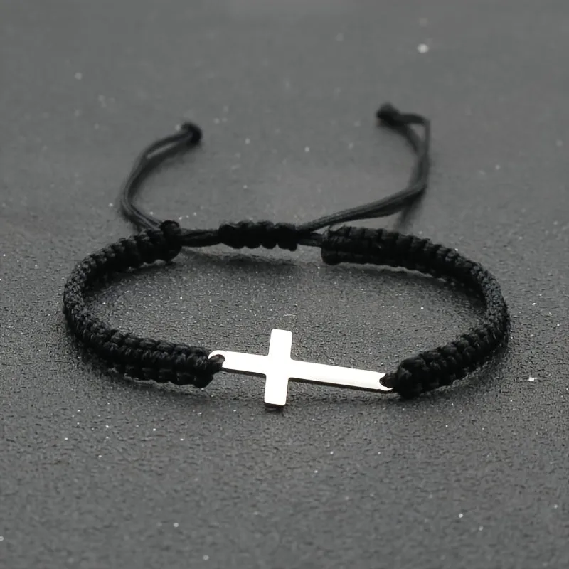 Mens Hand Braided Stainless Steel Cross Bracelet