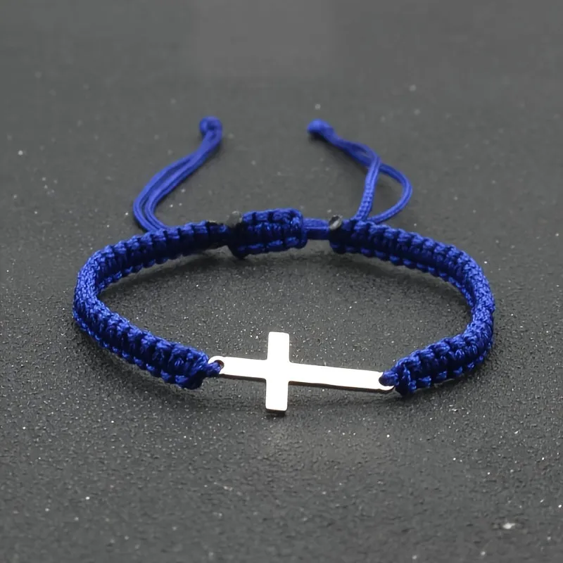 Mens Hand Braided Stainless Steel Cross Bracelet