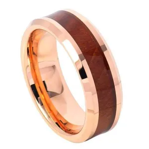 Men's Hawaiian Koa Wood Inlaid Tungsten Carbide Ring With Beveled Edges- 8mm