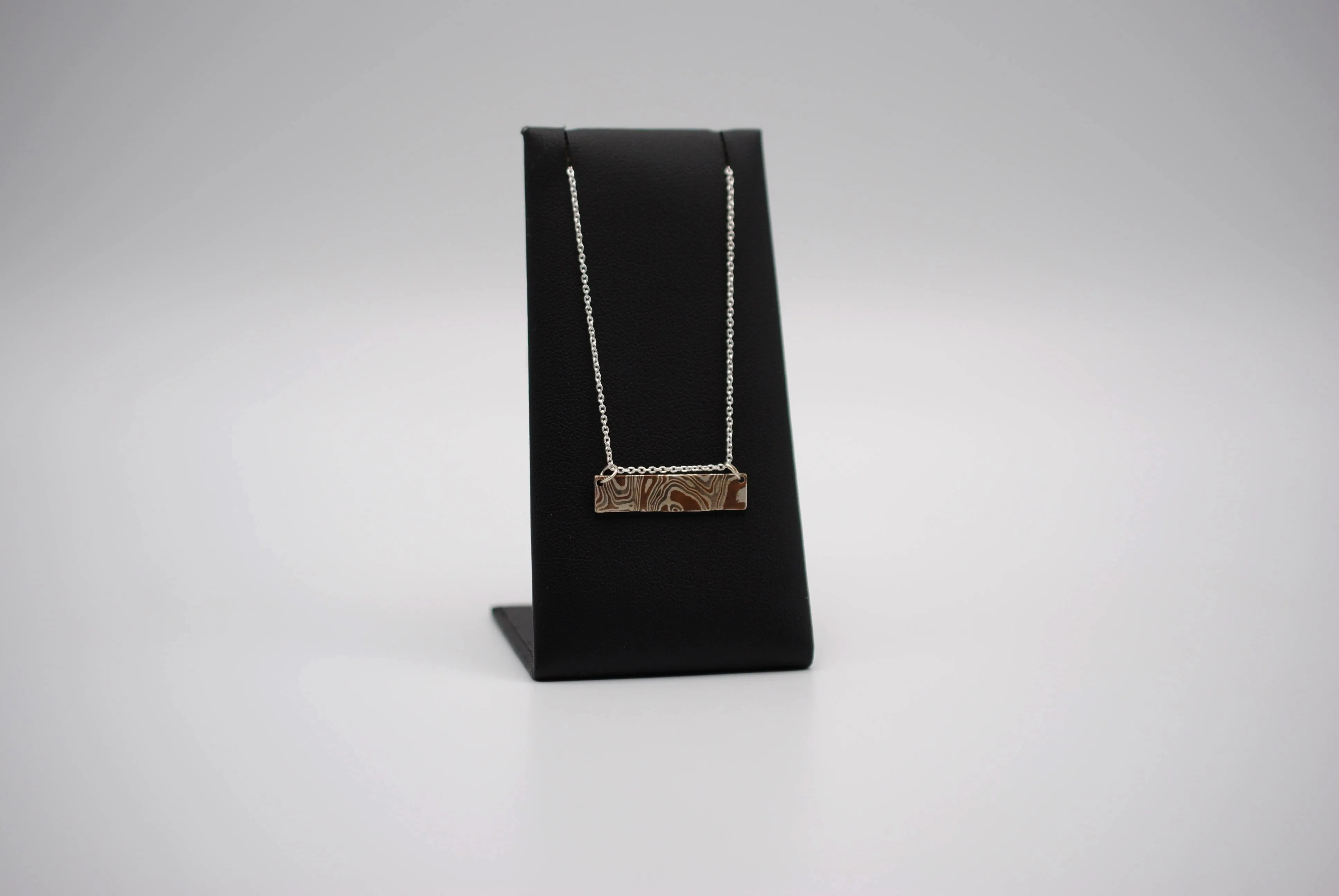 Mokume Gane Bar Necklace: Silver, Copper, and Shibuichi, Cable Chain