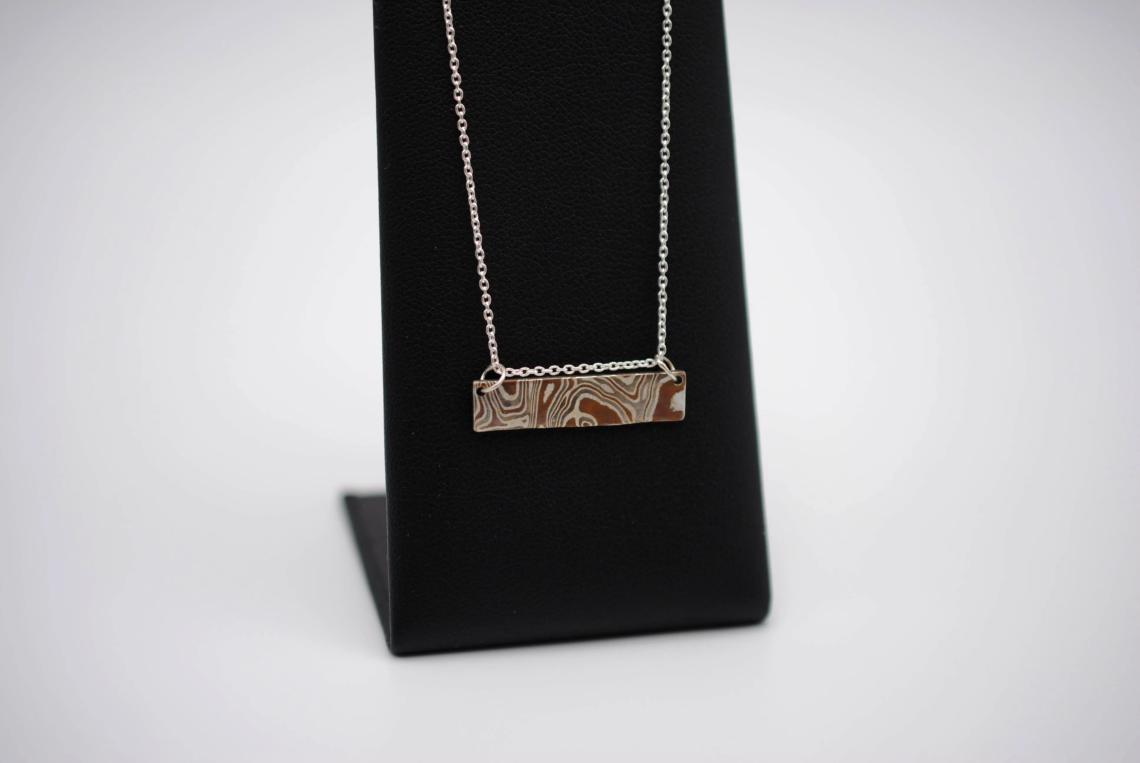 Mokume Gane Bar Necklace: Silver, Copper, and Shibuichi, Cable Chain