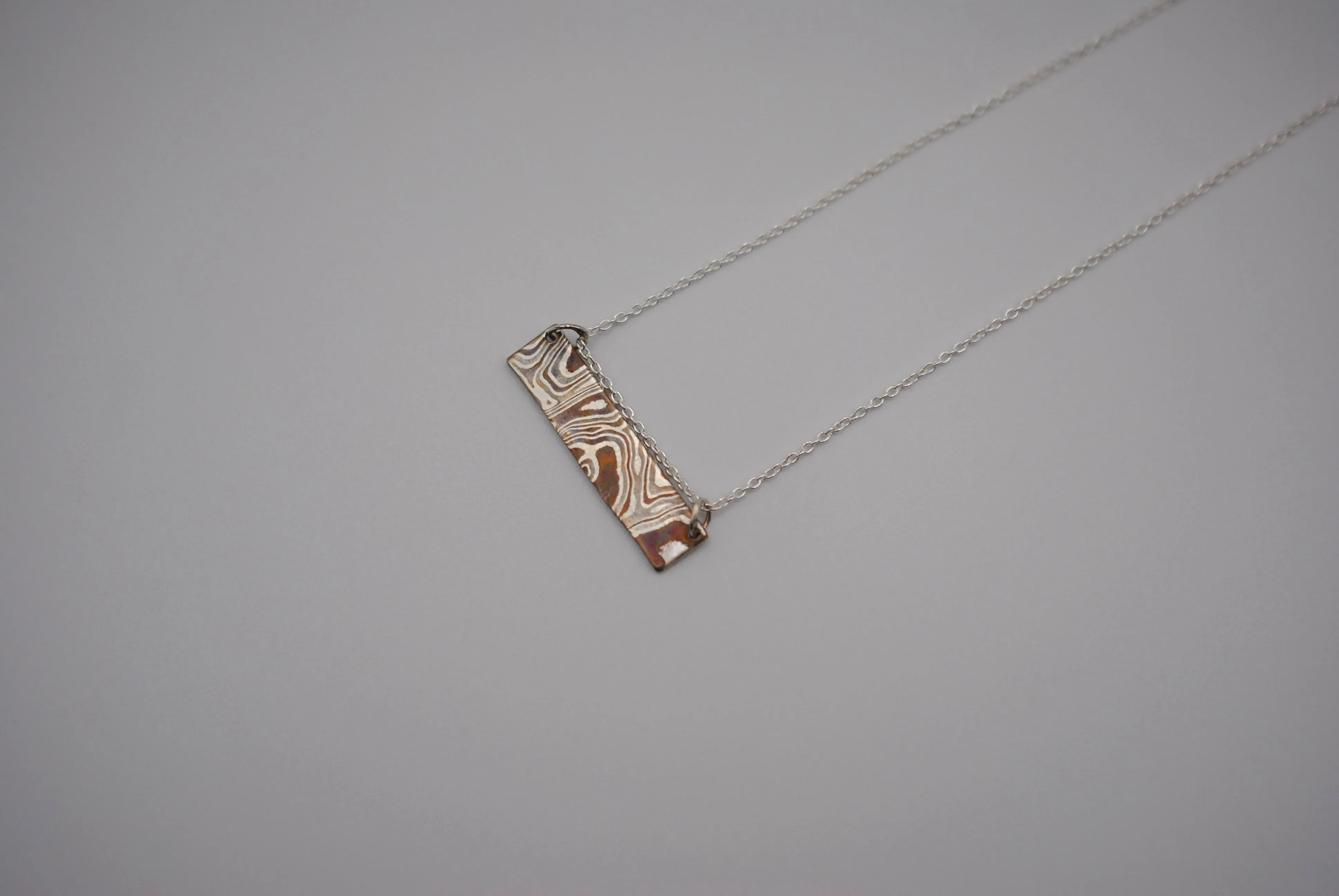 Mokume Gane Bar Necklace: Silver, Copper, and Shibuichi, Cable Chain