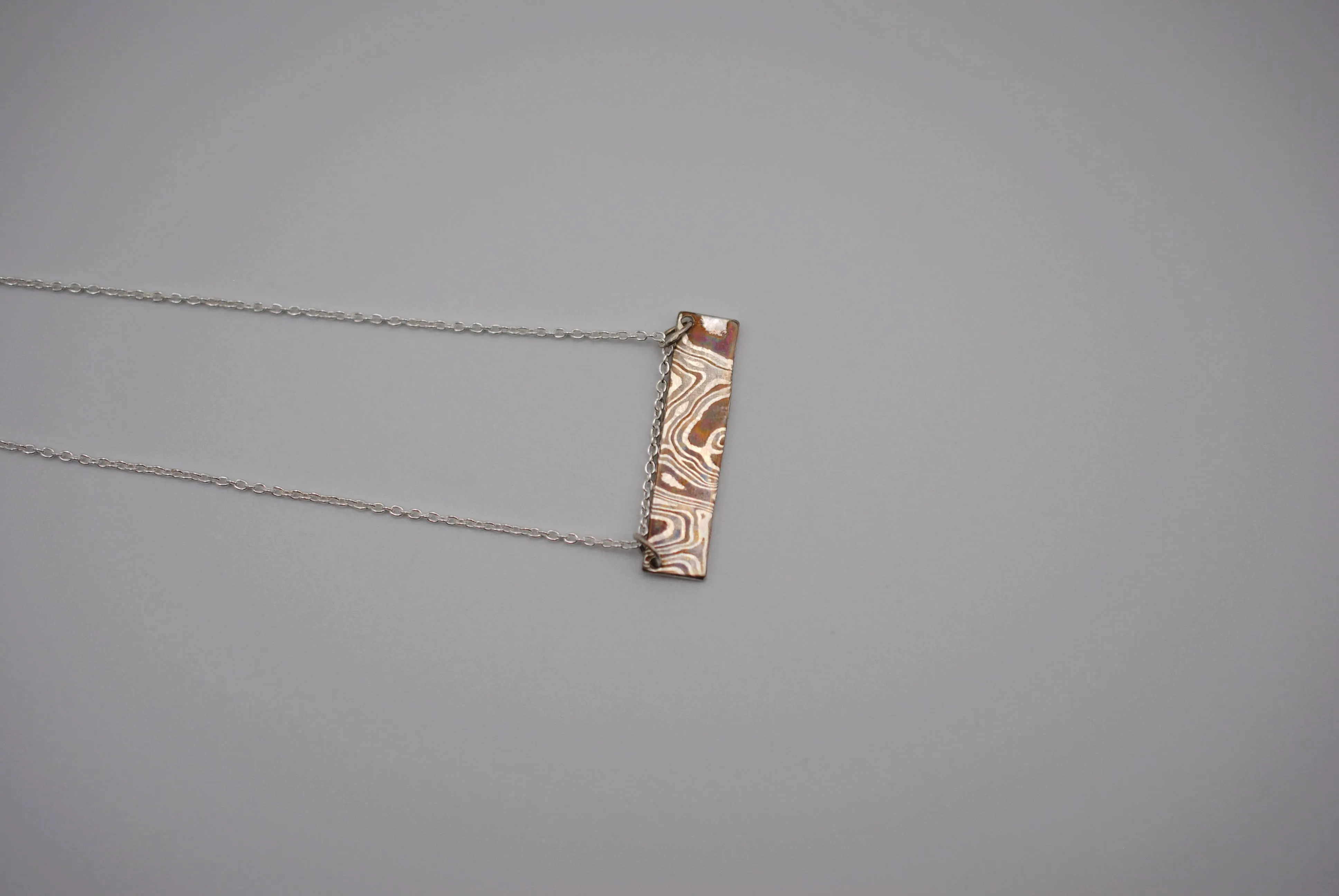 Mokume Gane Bar Necklace: Silver, Copper, and Shibuichi, Cable Chain