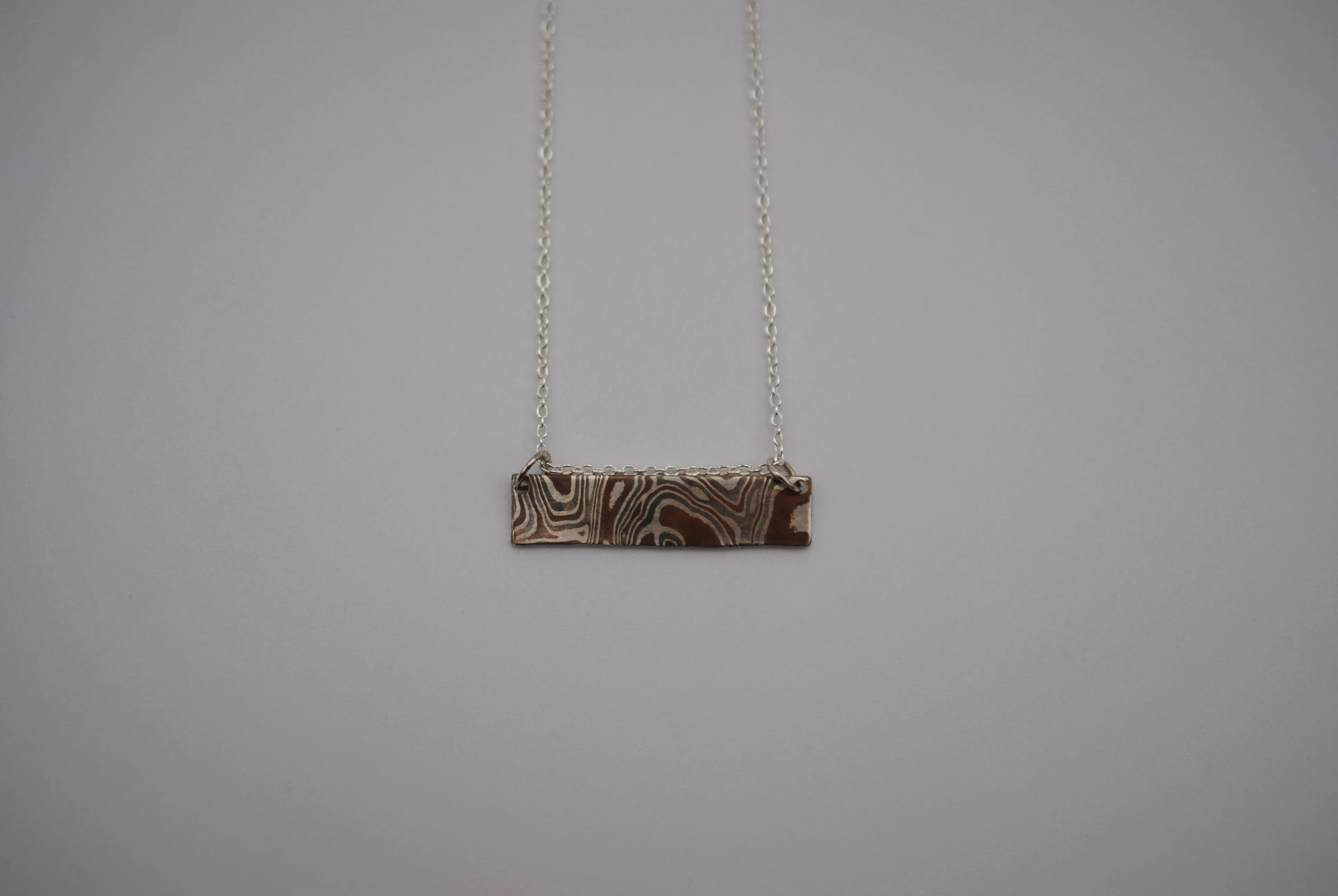 Mokume Gane Bar Necklace: Silver, Copper, and Shibuichi, Cable Chain
