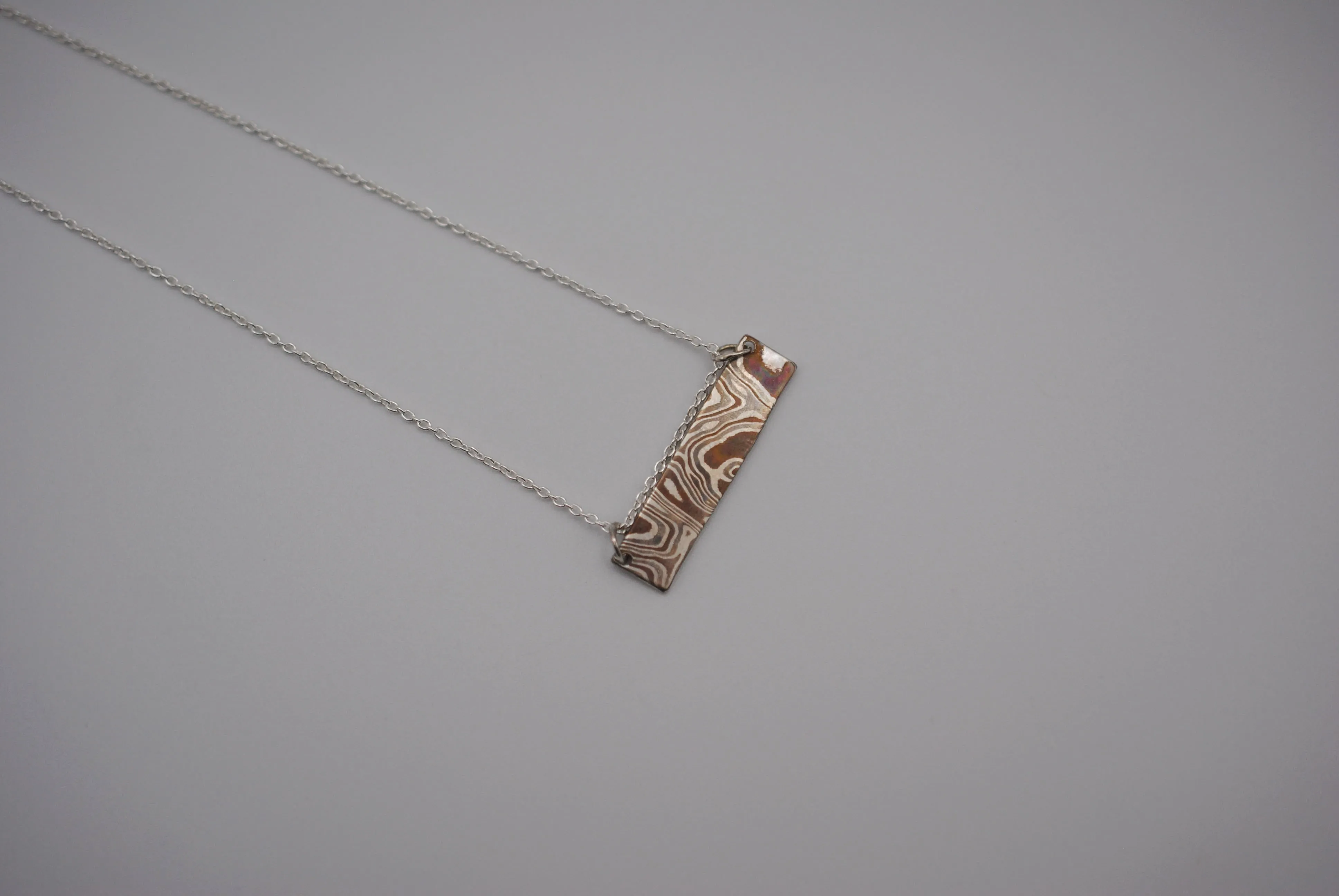 Mokume Gane Bar Necklace: Silver, Copper, and Shibuichi, Cable Chain