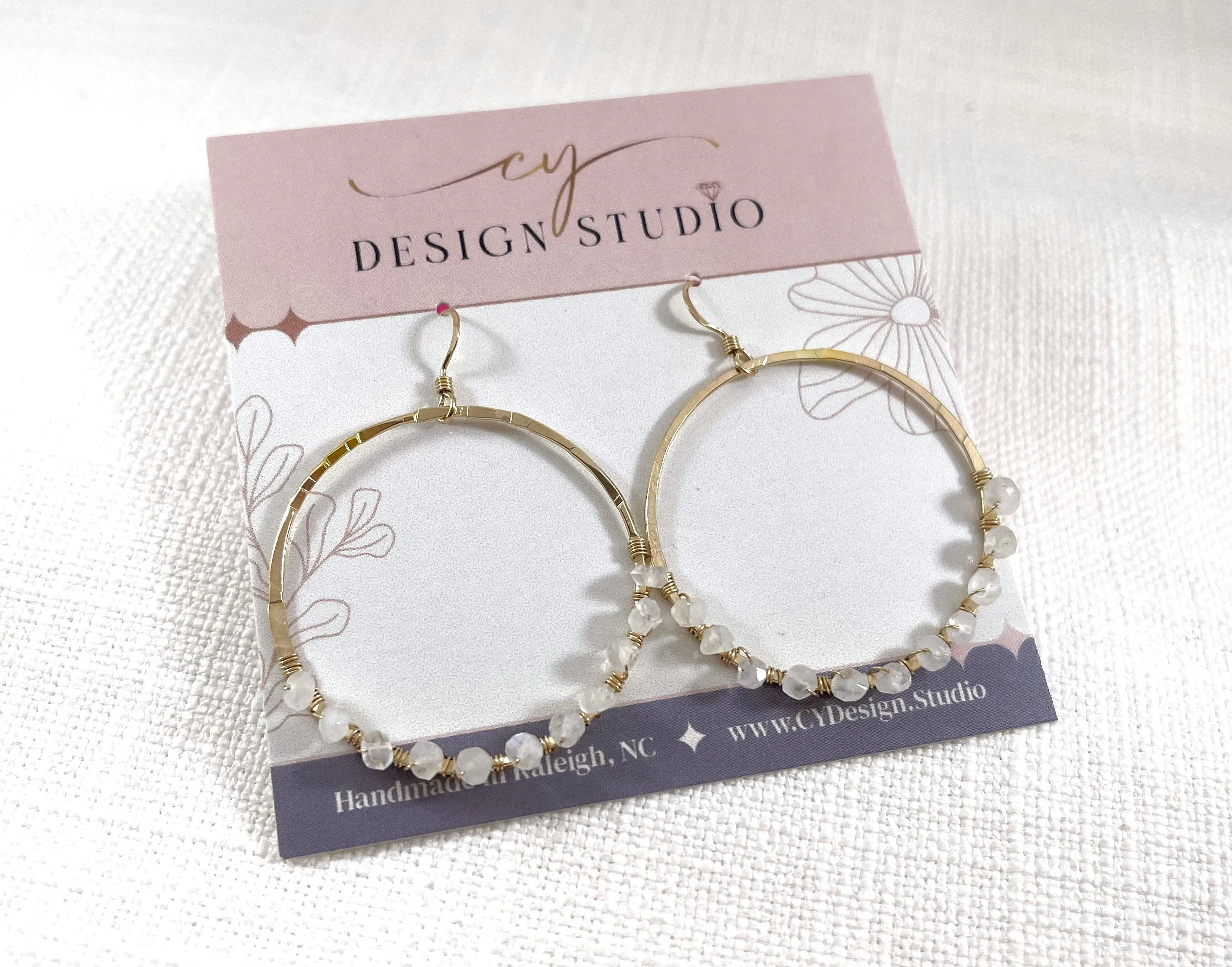 Moonstone Wire Wrapped Hammered Gold Hoops