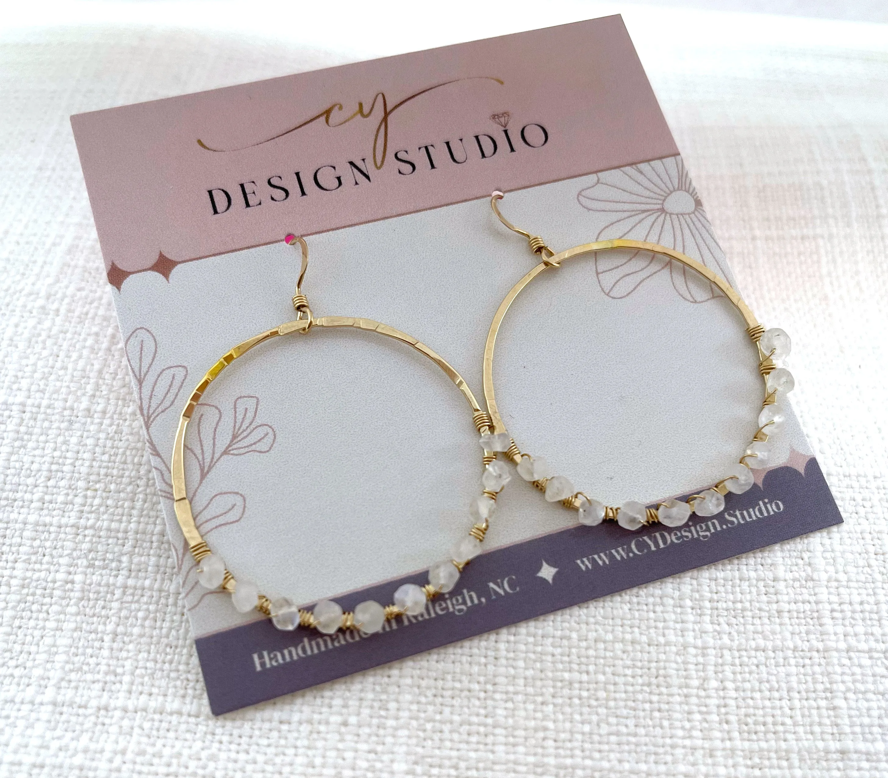 Moonstone Wire Wrapped Hammered Gold Hoops