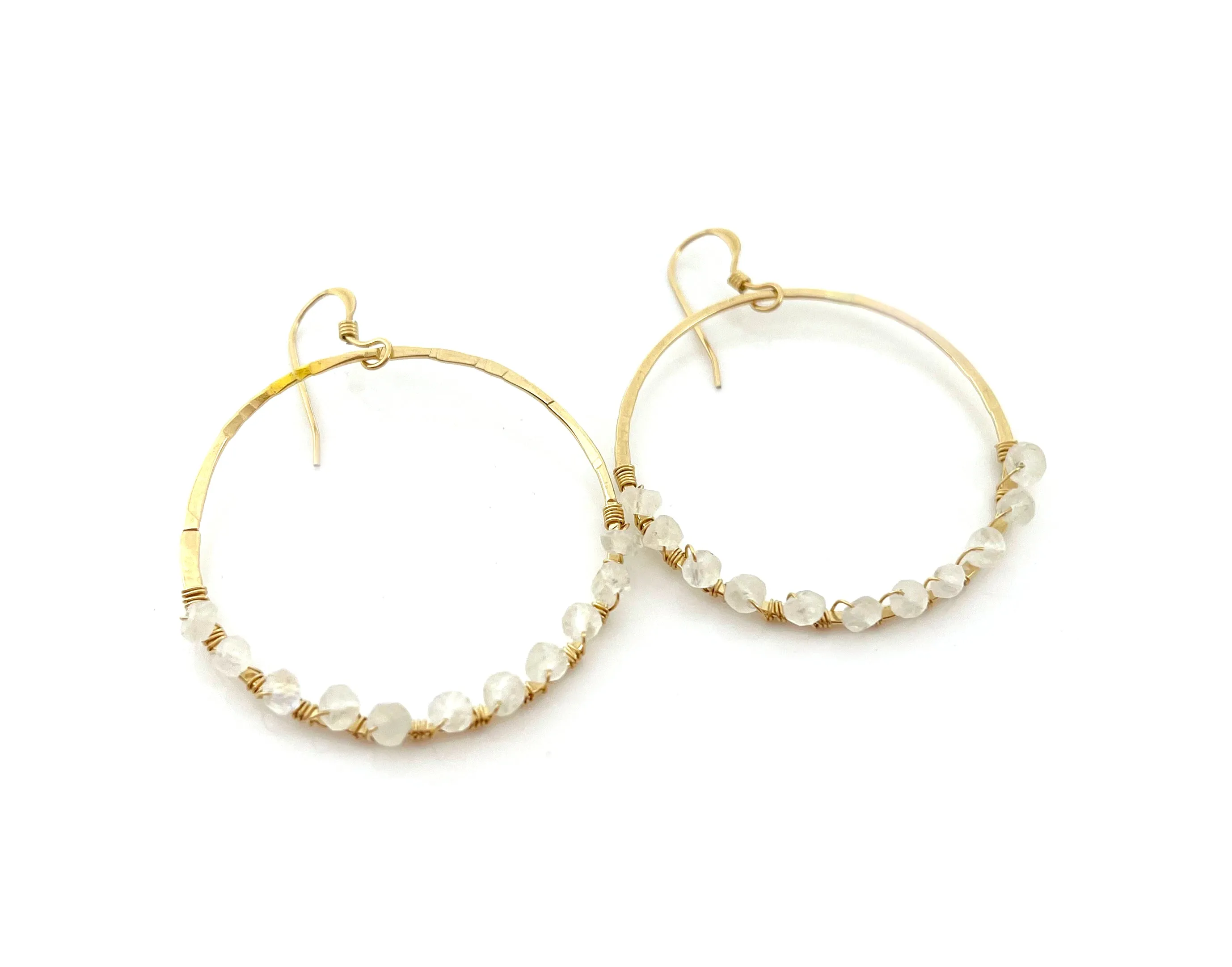 Moonstone Wire Wrapped Hammered Gold Hoops