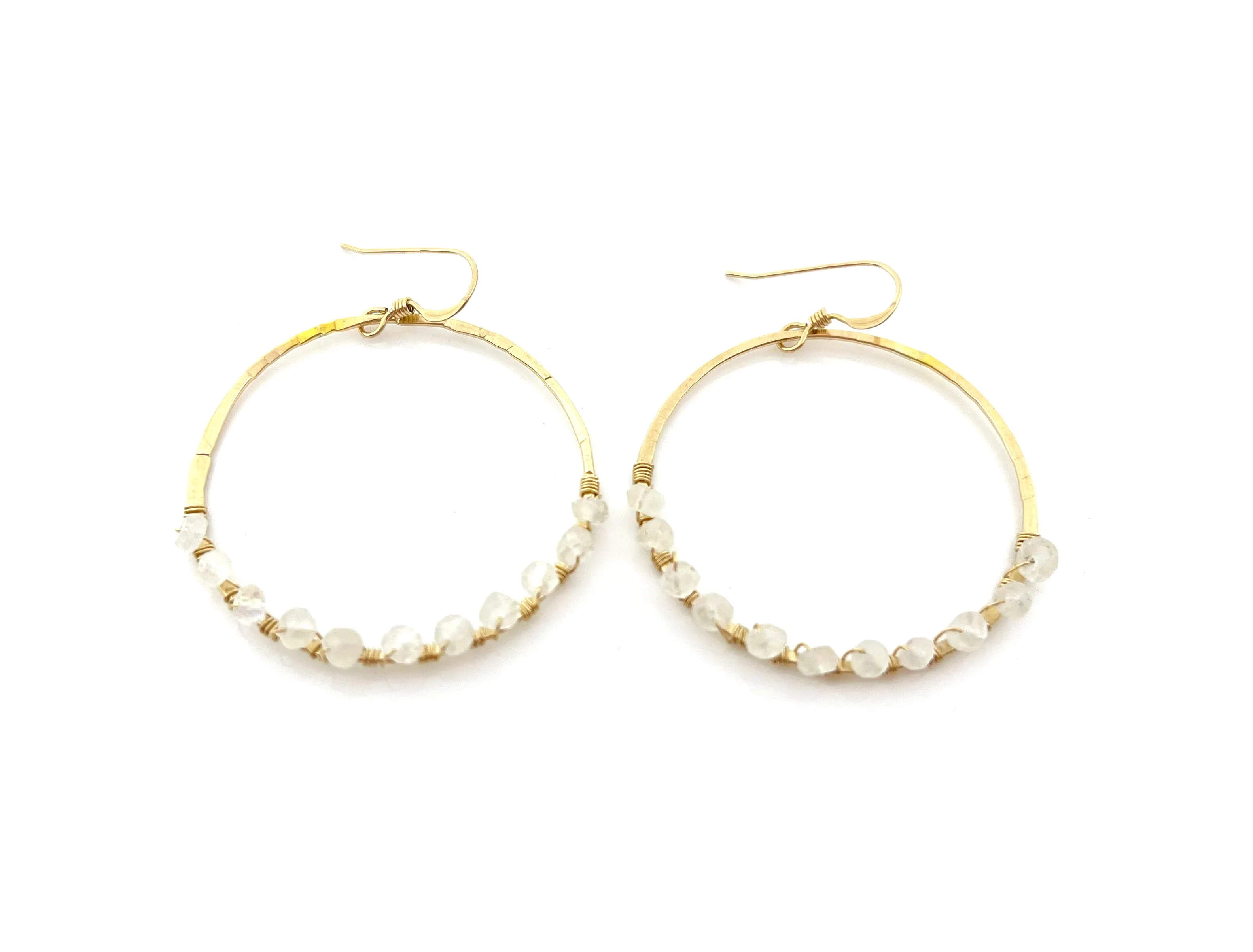 Moonstone Wire Wrapped Hammered Gold Hoops