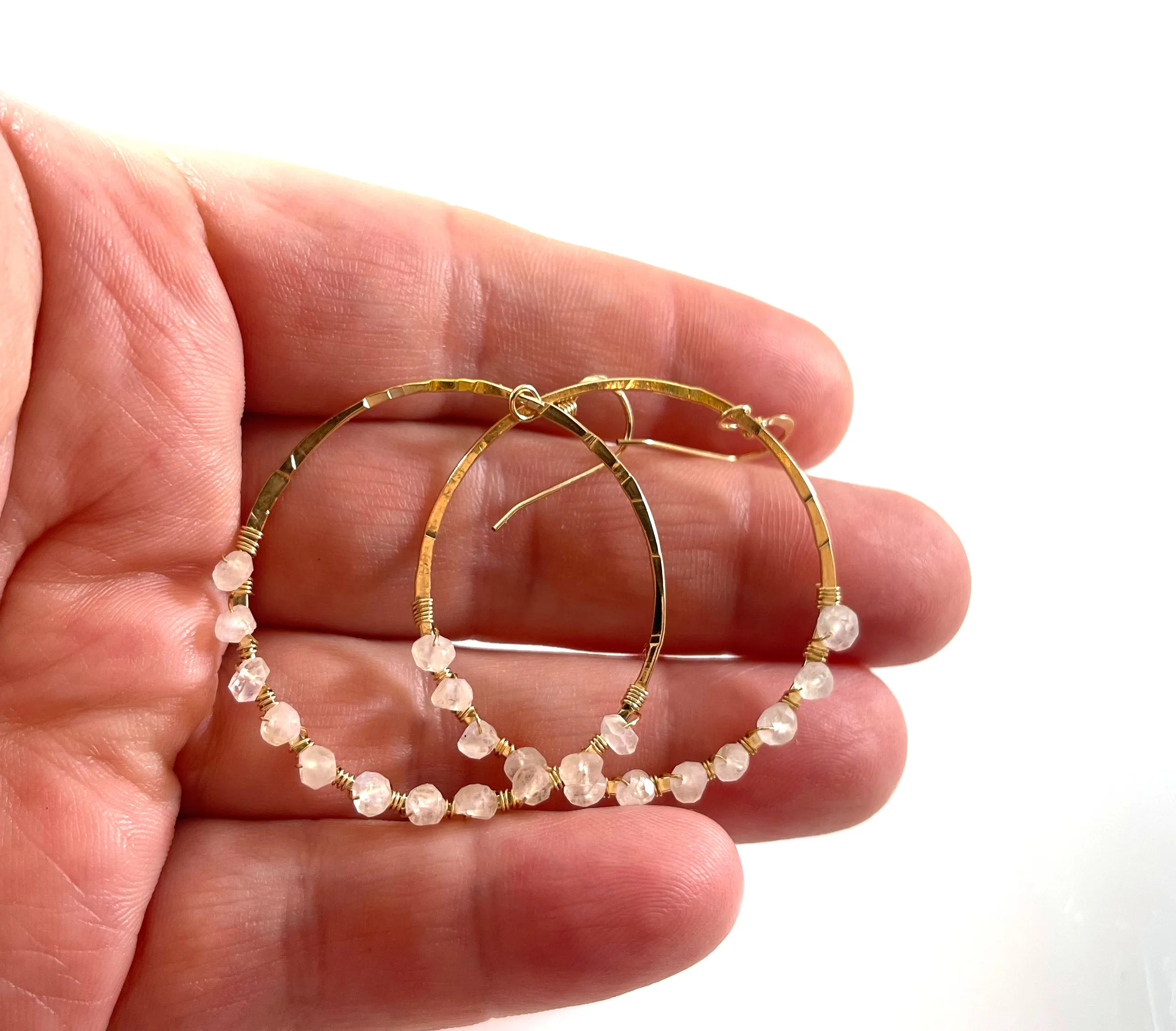 Moonstone Wire Wrapped Hammered Gold Hoops