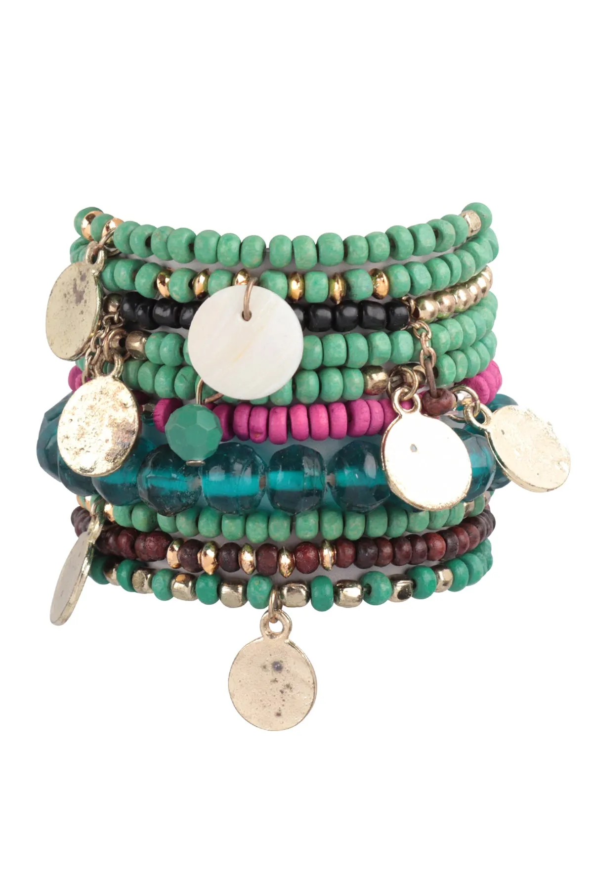 MULTI BEAD WOOD DISK PENDANT LAYERED STACKABLE VERSATILE CHARM BRACELET