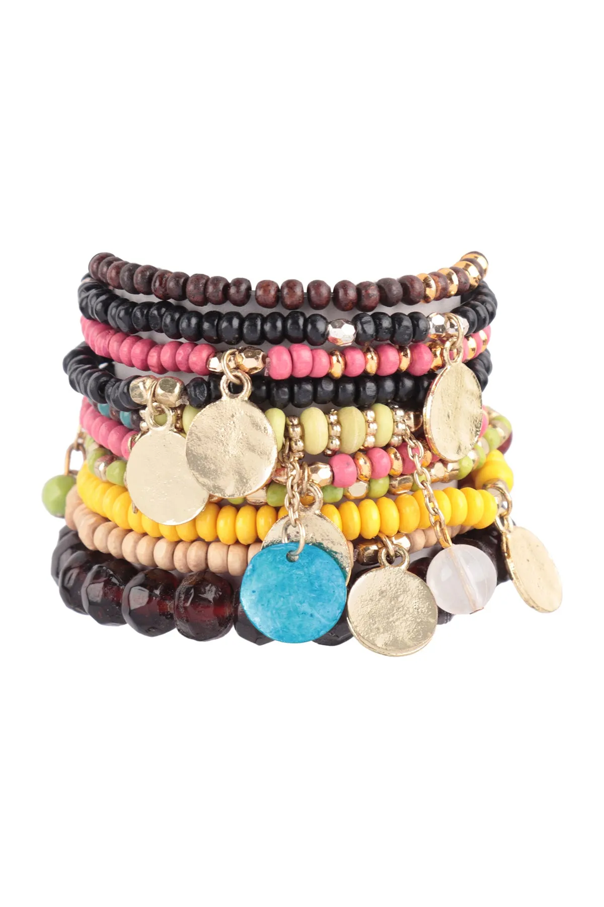 MULTI BEAD WOOD DISK PENDANT LAYERED STACKABLE VERSATILE CHARM BRACELET