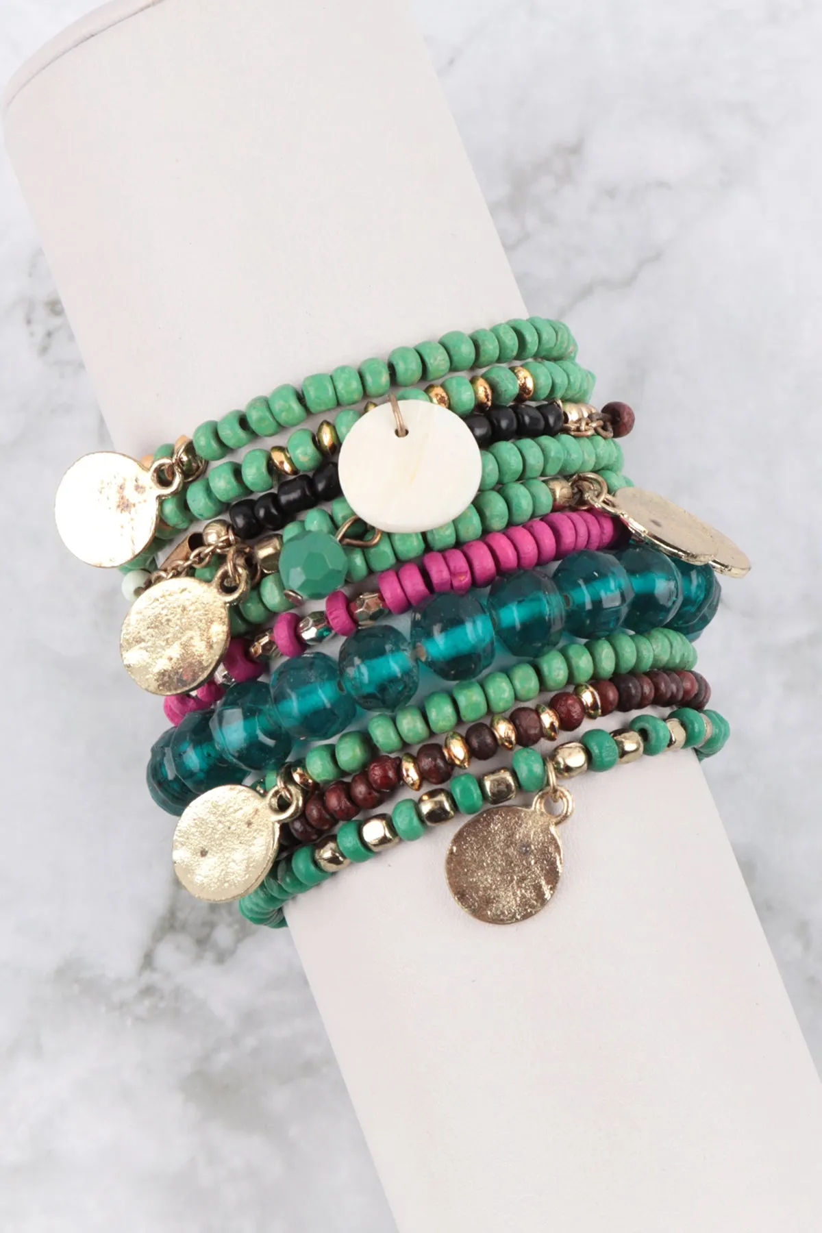 MULTI BEAD WOOD DISK PENDANT LAYERED STACKABLE VERSATILE CHARM BRACELET