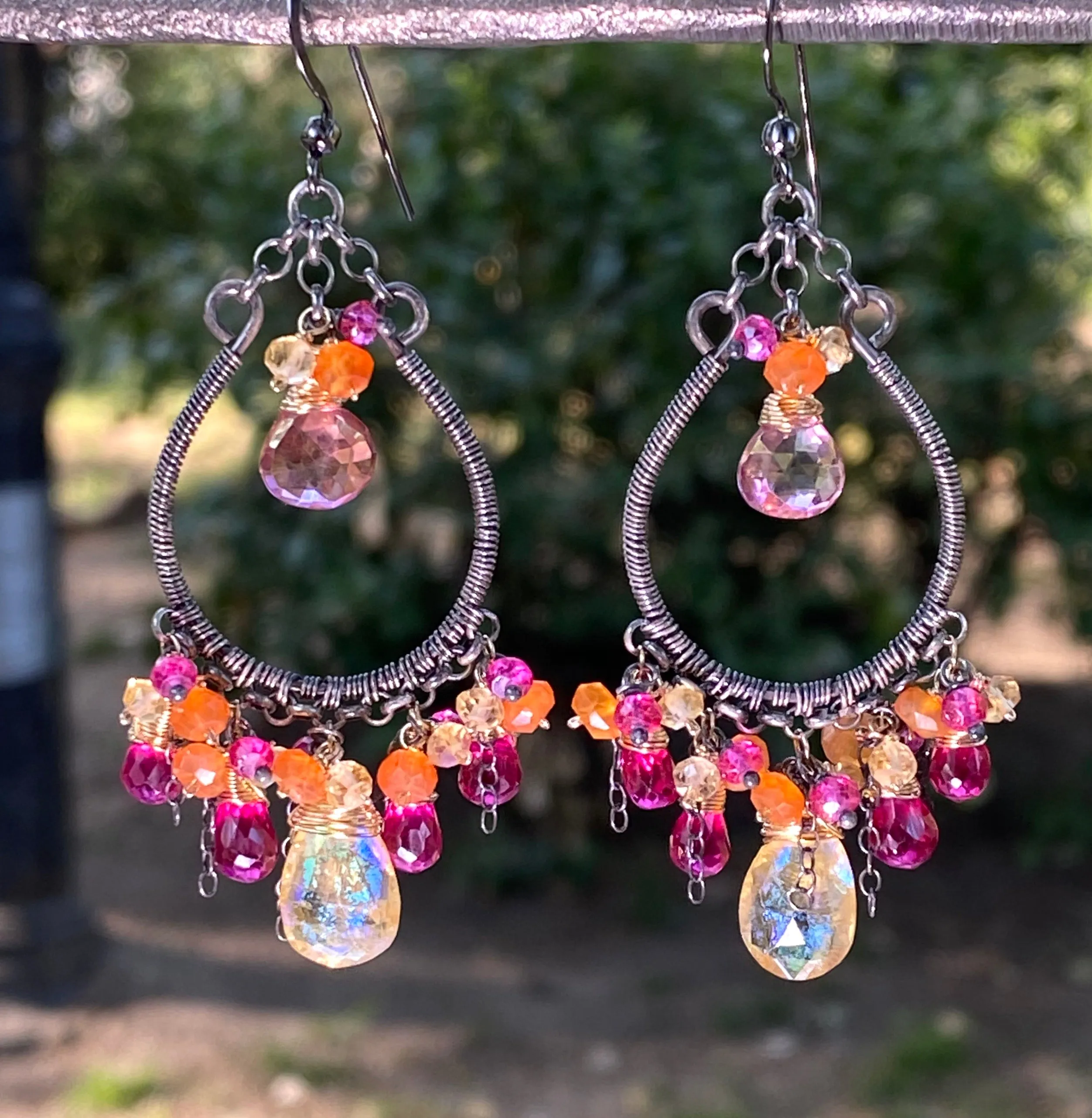 Multi-color Gemstone Hoop Earrings Mystic Citrine Hot Pink Quartz Oxidized Silver