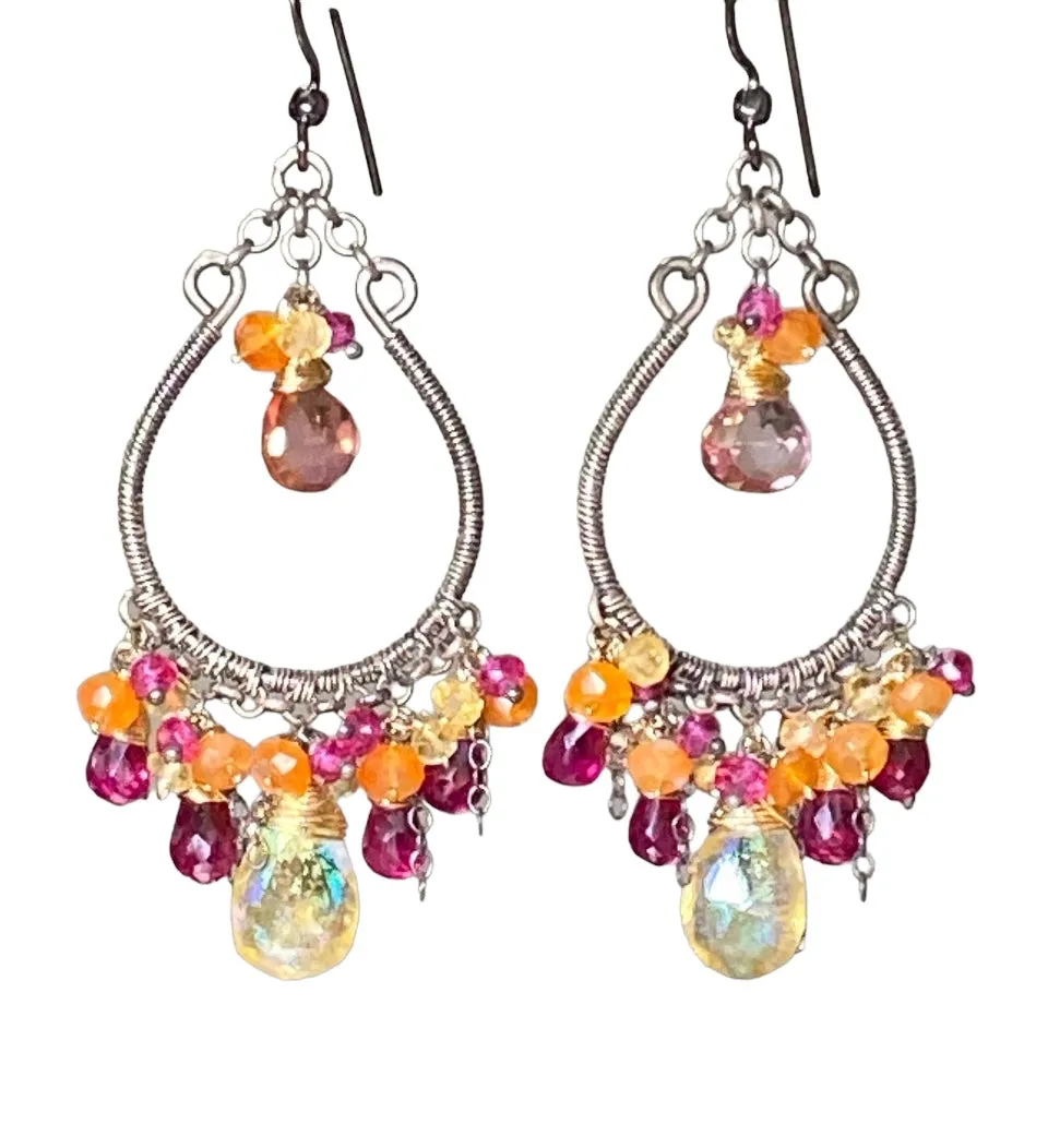 Multi-color Gemstone Hoop Earrings Mystic Citrine Hot Pink Quartz Oxidized Silver