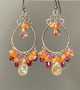 Multi-color Gemstone Hoop Earrings Mystic Citrine Hot Pink Quartz Oxidized Silver