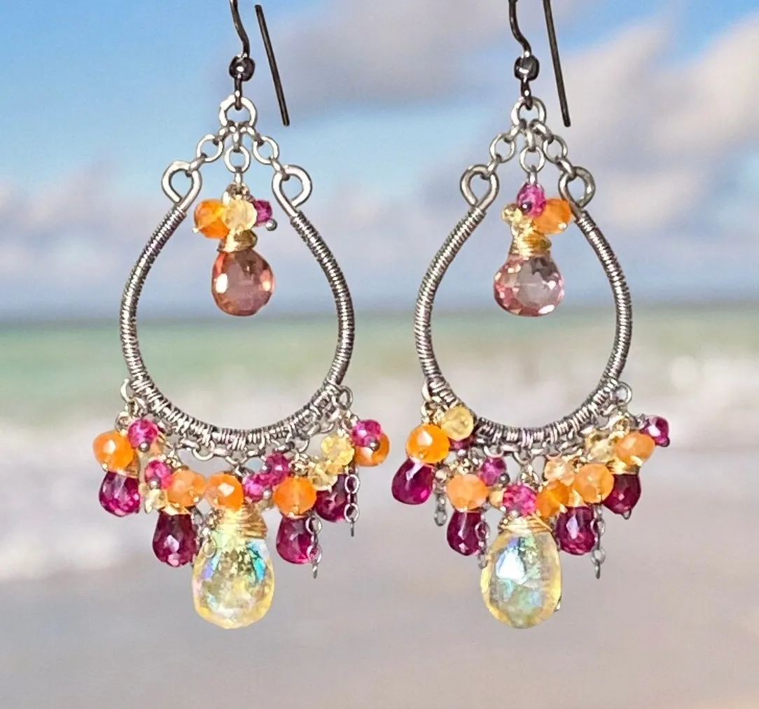Multi-color Gemstone Hoop Earrings Mystic Citrine Hot Pink Quartz Oxidized Silver
