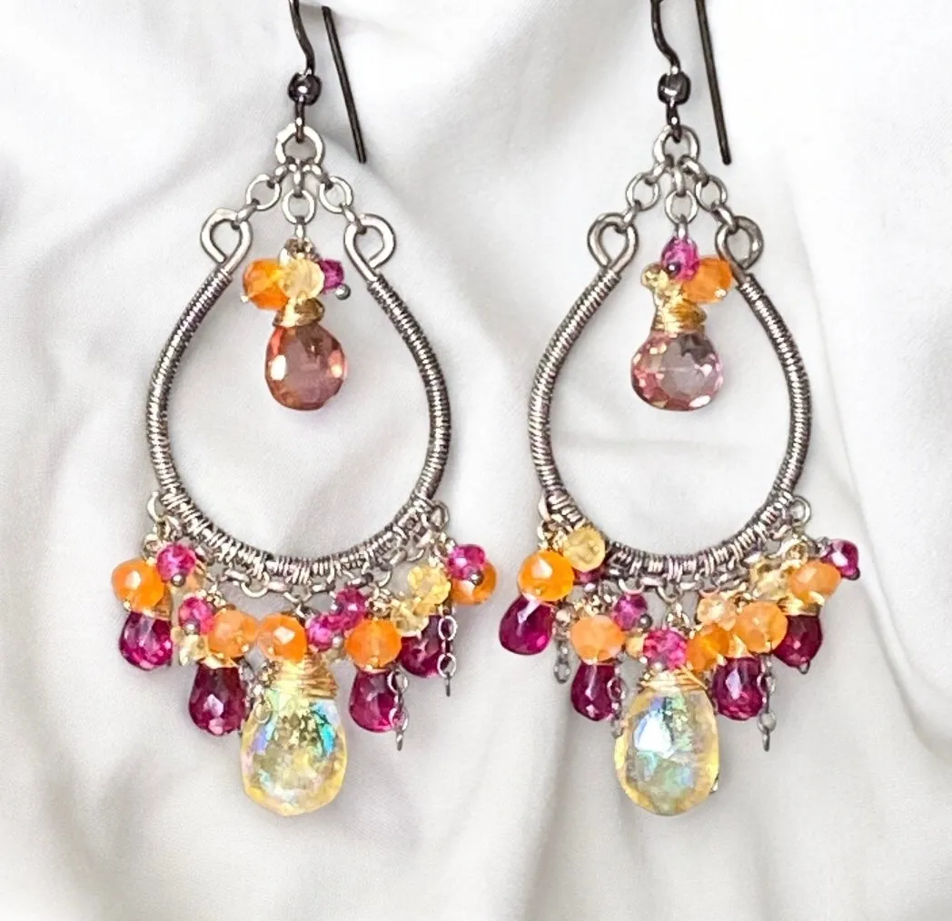 Multi-color Gemstone Hoop Earrings Mystic Citrine Hot Pink Quartz Oxidized Silver