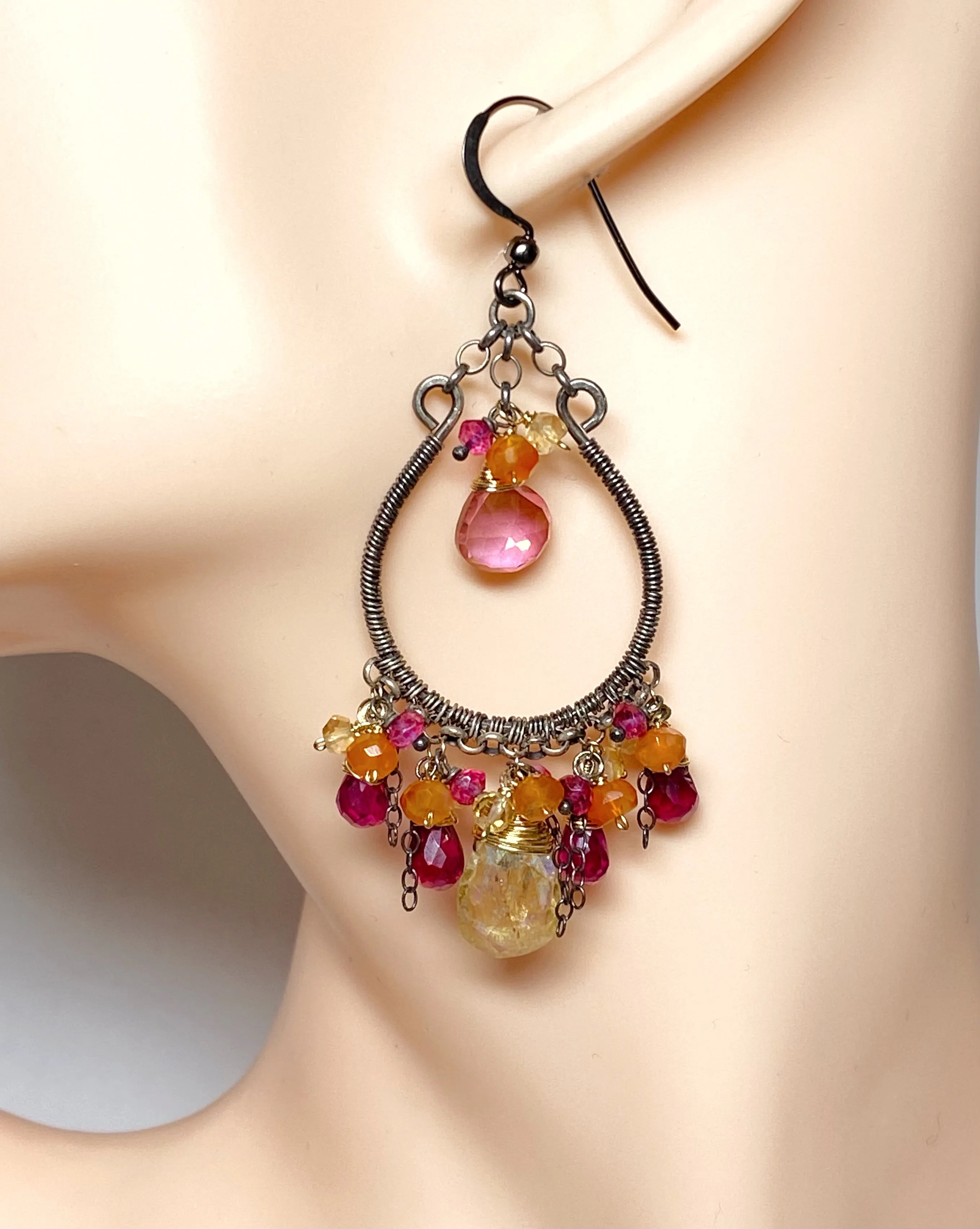 Multi-color Gemstone Hoop Earrings Mystic Citrine Hot Pink Quartz Oxidized Silver