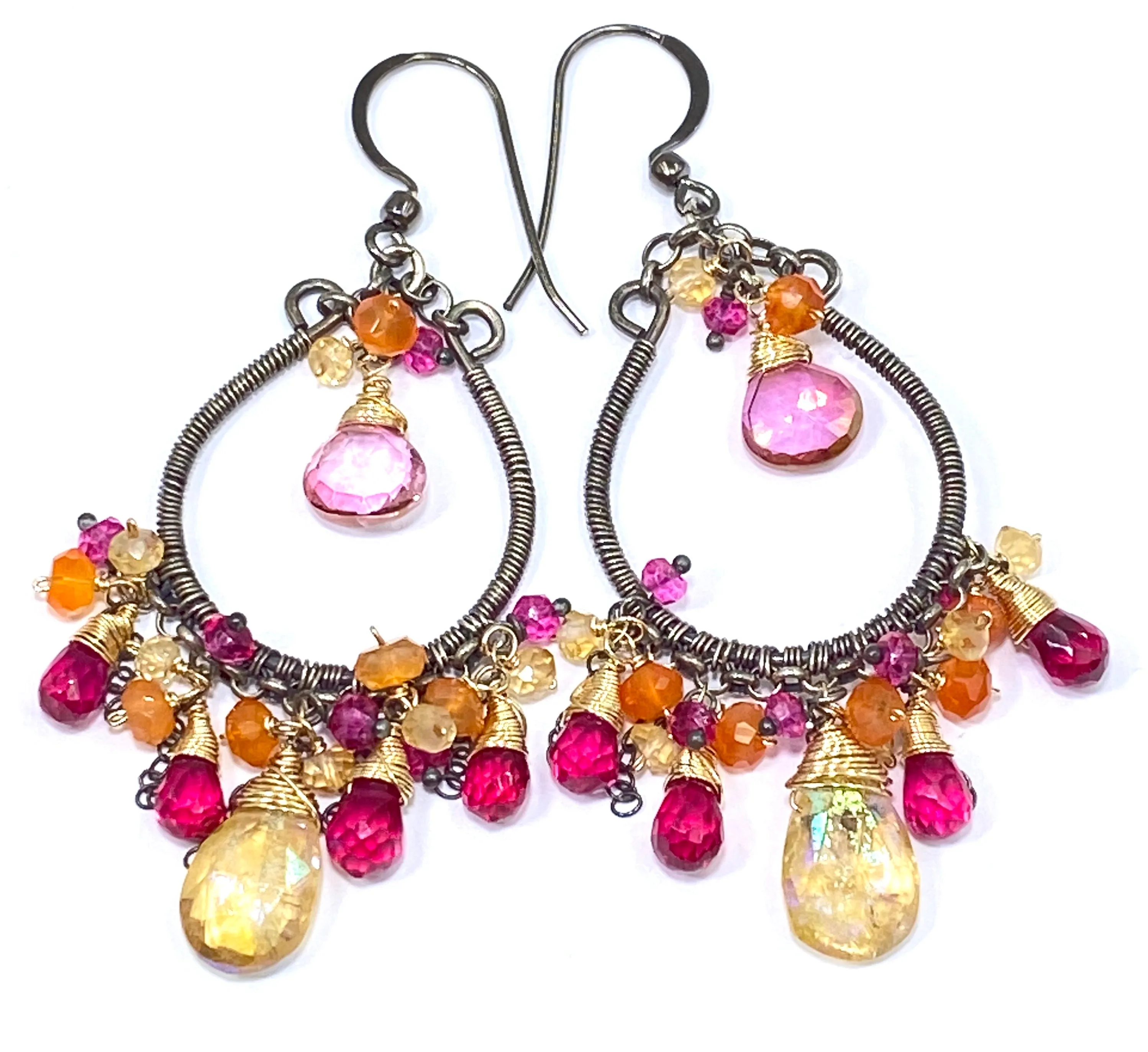 Multi-color Gemstone Hoop Earrings Mystic Citrine Hot Pink Quartz Oxidized Silver
