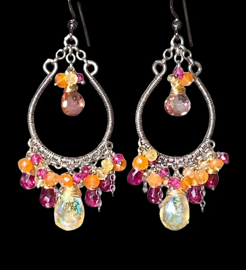 Multi-color Gemstone Hoop Earrings Mystic Citrine Hot Pink Quartz Oxidized Silver