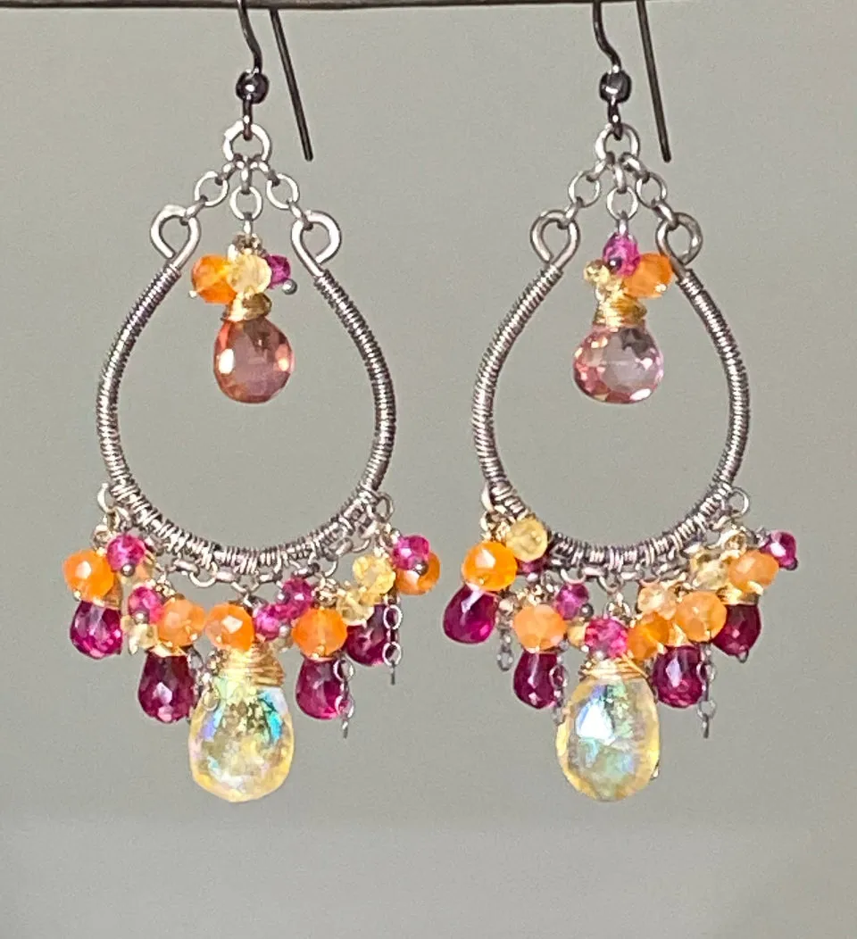 Multi-color Gemstone Hoop Earrings Mystic Citrine Hot Pink Quartz Oxidized Silver