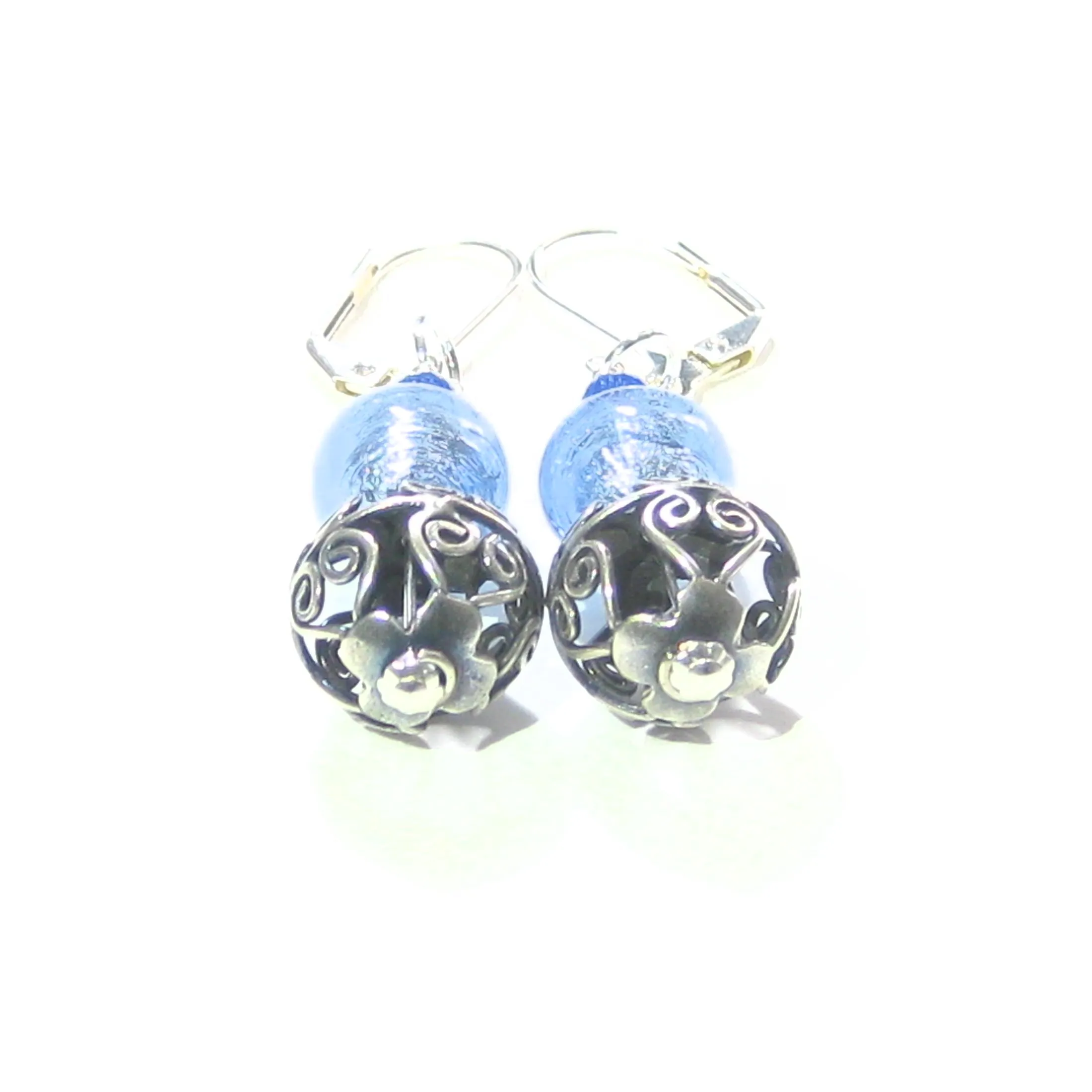 Murano Glass Light Blue Wire Ball Sterling Silver Earrings
