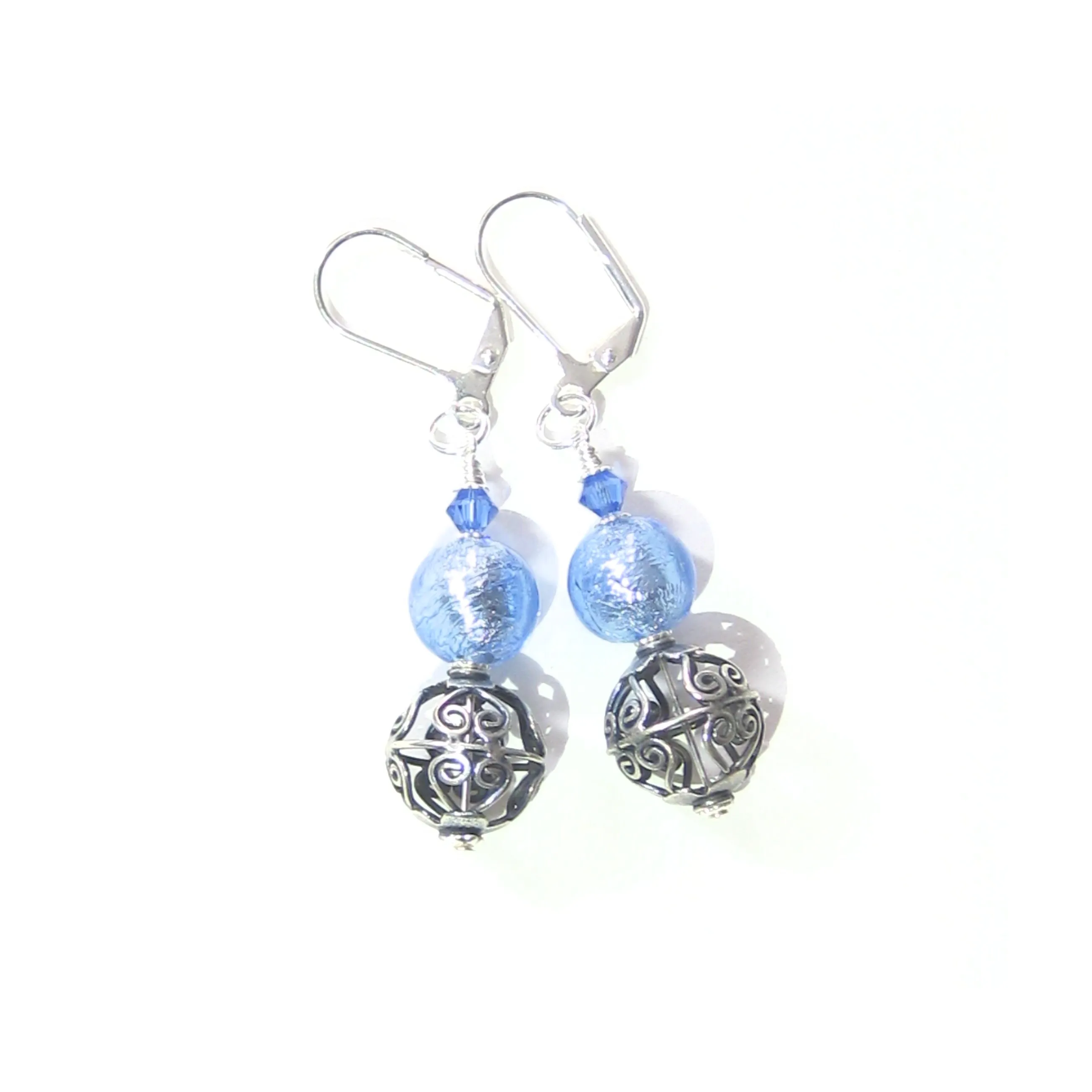 Murano Glass Light Blue Wire Ball Sterling Silver Earrings