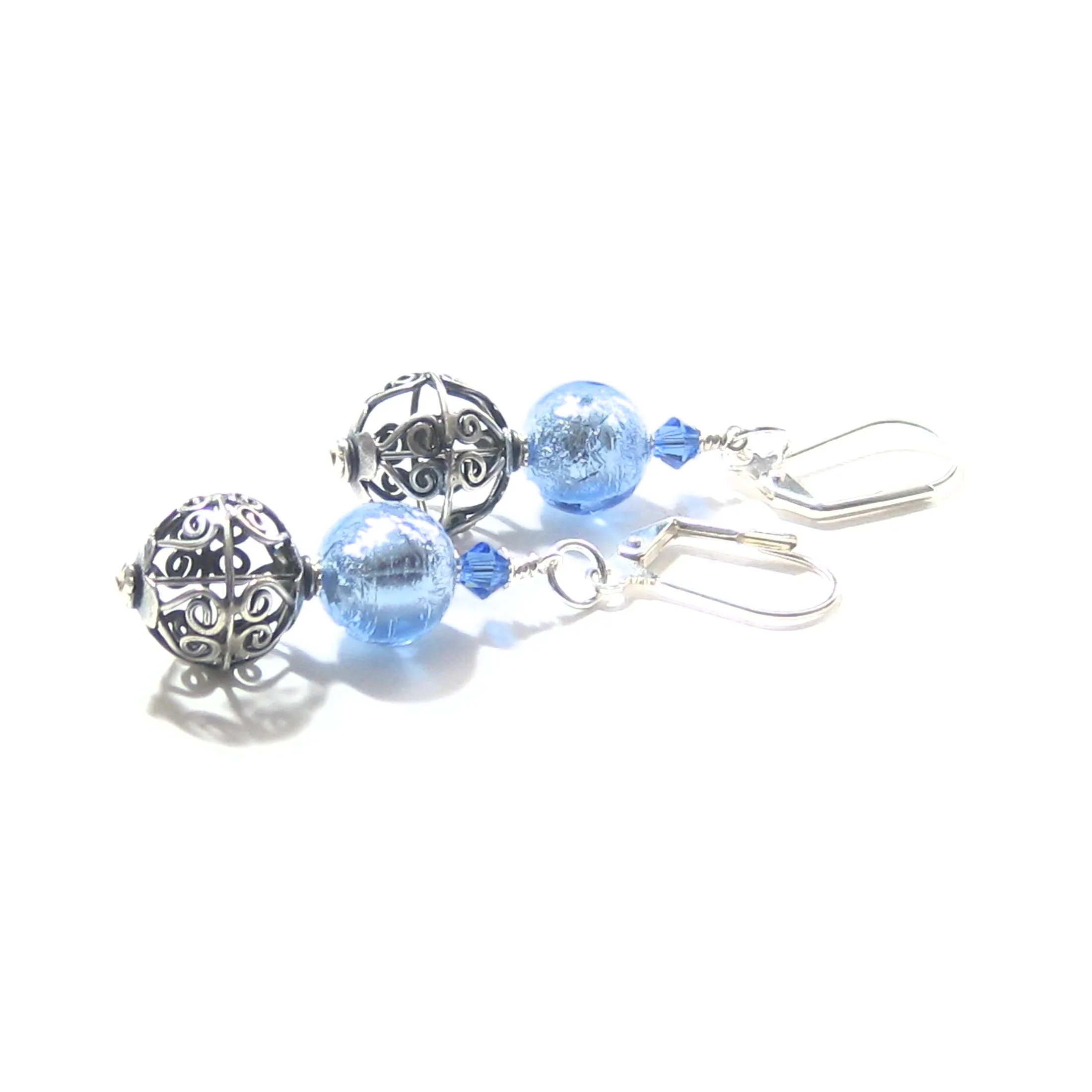 Murano Glass Light Blue Wire Ball Sterling Silver Earrings