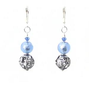 Murano Glass Light Blue Wire Ball Sterling Silver Earrings