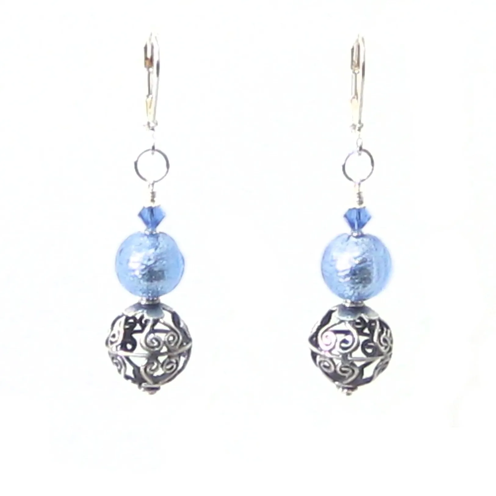 Murano Glass Light Blue Wire Ball Sterling Silver Earrings