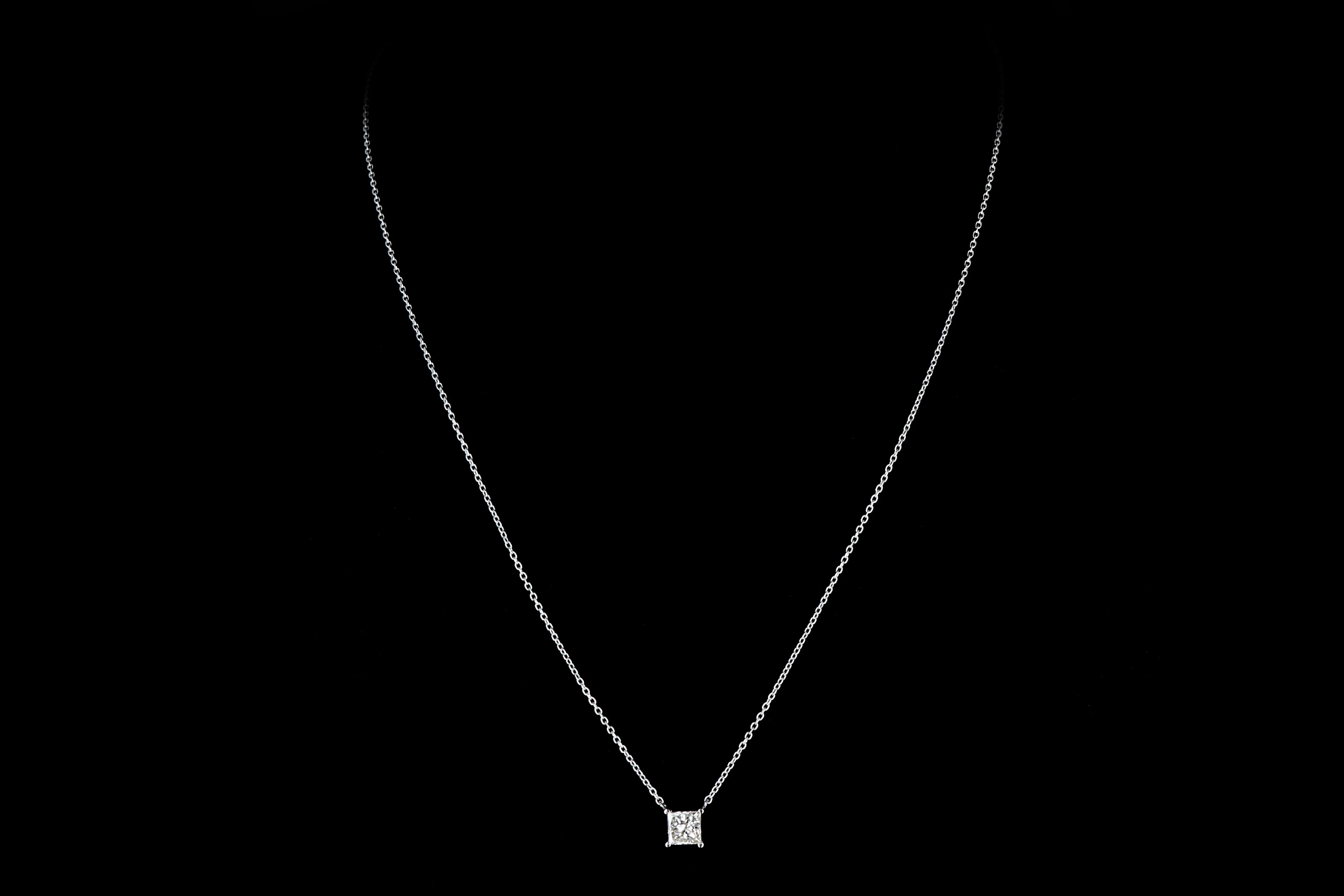 New 14K White Gold .98 Carat Princess Cut Diamond Pendant Necklace