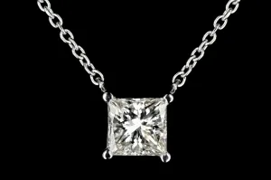 New 14K White Gold .98 Carat Princess Cut Diamond Pendant Necklace
