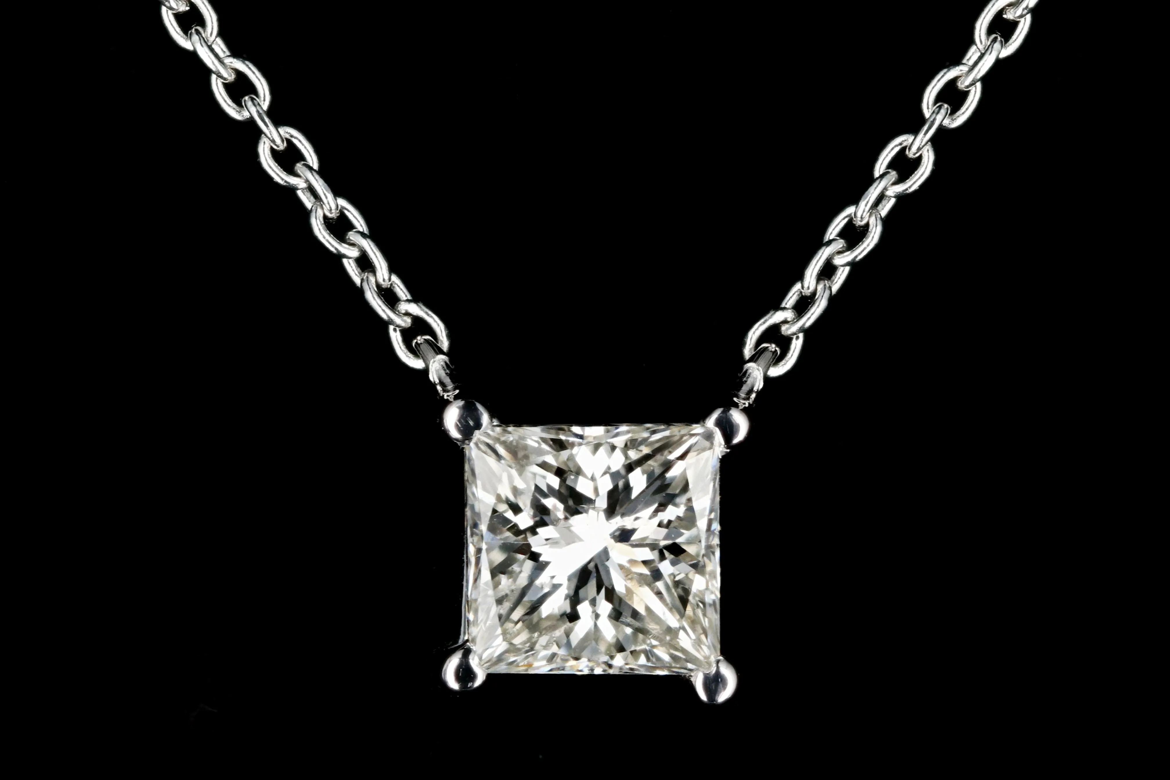 New 14K White Gold .98 Carat Princess Cut Diamond Pendant Necklace