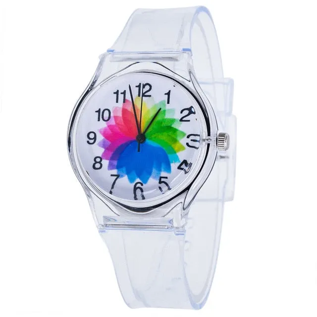 Newly Design Kids Lovely Pattern Transparent Silicone Gel Band Quartz Wrist Watch For Student Boys Girls Gift