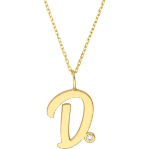 Olas d'Oro - 14K Yellow Gold Script D Initial Pendant Necklace with Diamond Bezel - 0.02 Carat Total Diamond Weight
