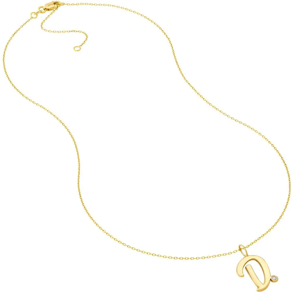 Olas d'Oro - 14K Yellow Gold Script D Initial Pendant Necklace with Diamond Bezel - 0.02 Carat Total Diamond Weight