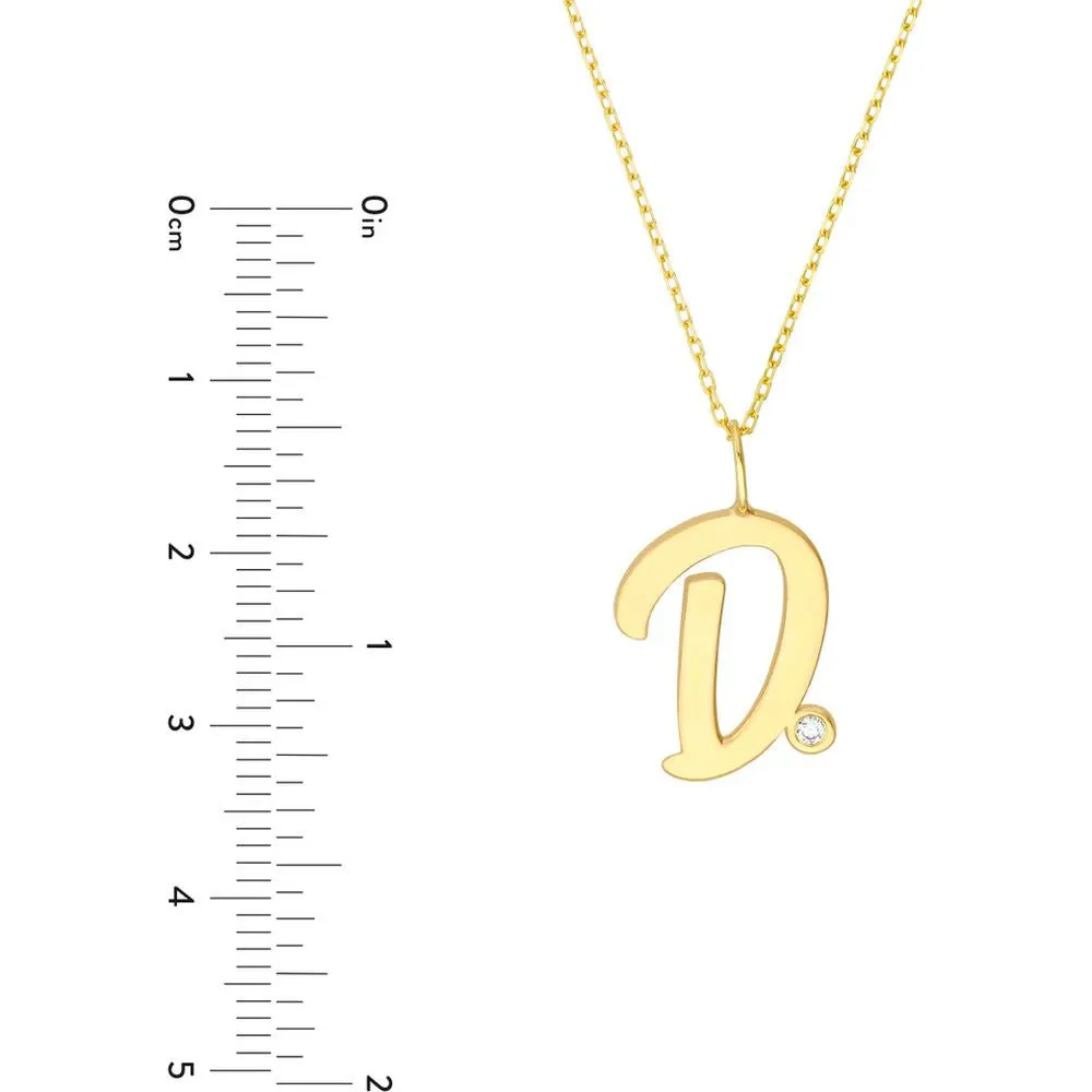 Olas d'Oro - 14K Yellow Gold Script D Initial Pendant Necklace with Diamond Bezel - 0.02 Carat Total Diamond Weight