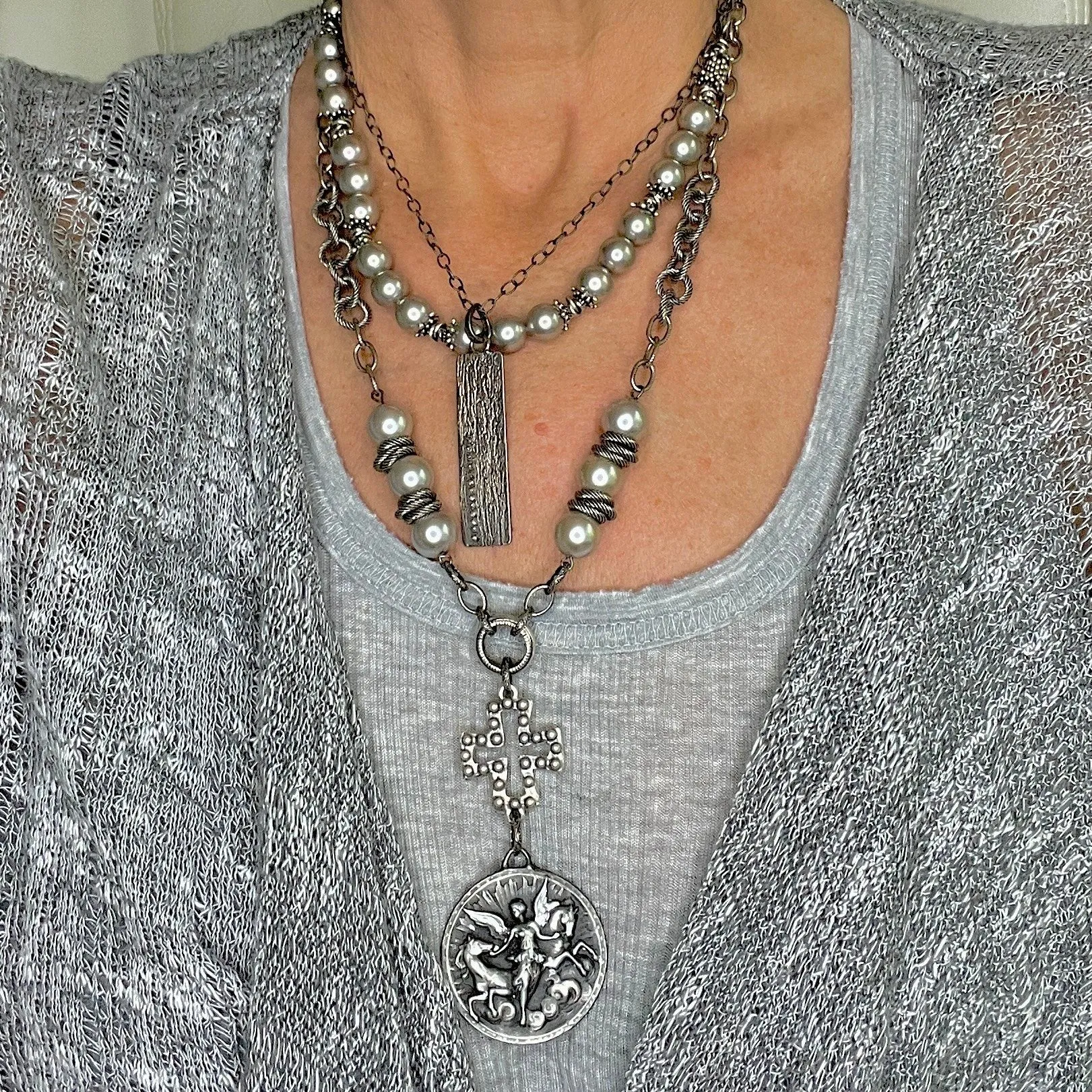 Oxidized Silver and Pave Diamond Bar Pendant Necklace