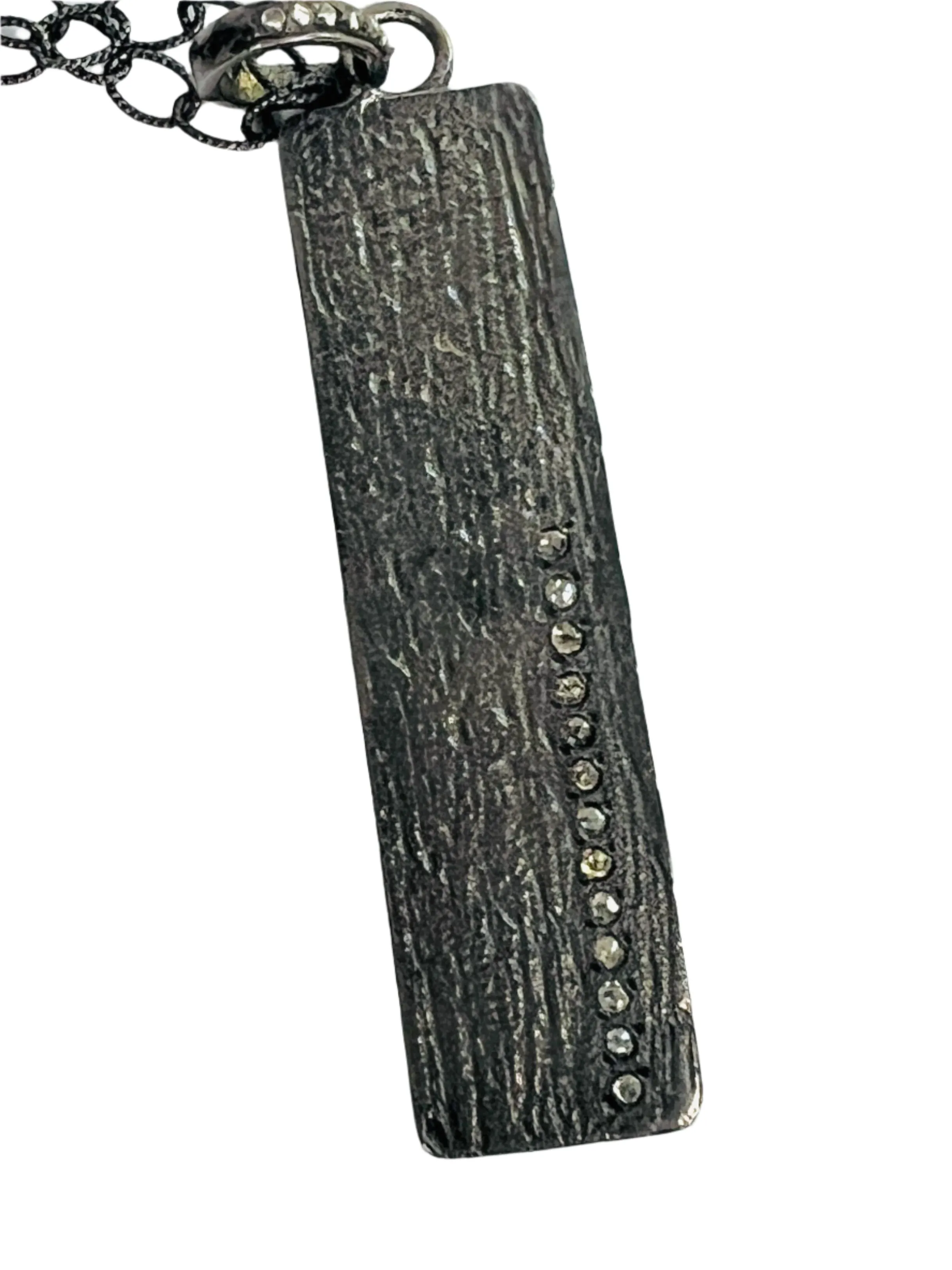 Oxidized Silver and Pave Diamond Bar Pendant Necklace