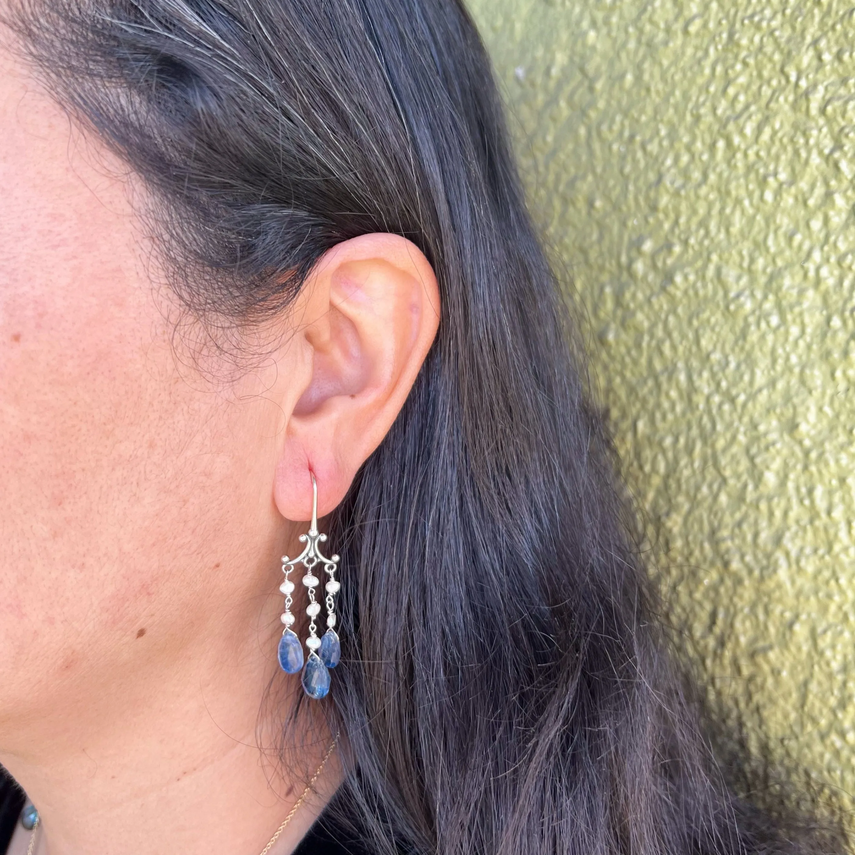 Pearl Chain & Kunzite Chandelier earrings