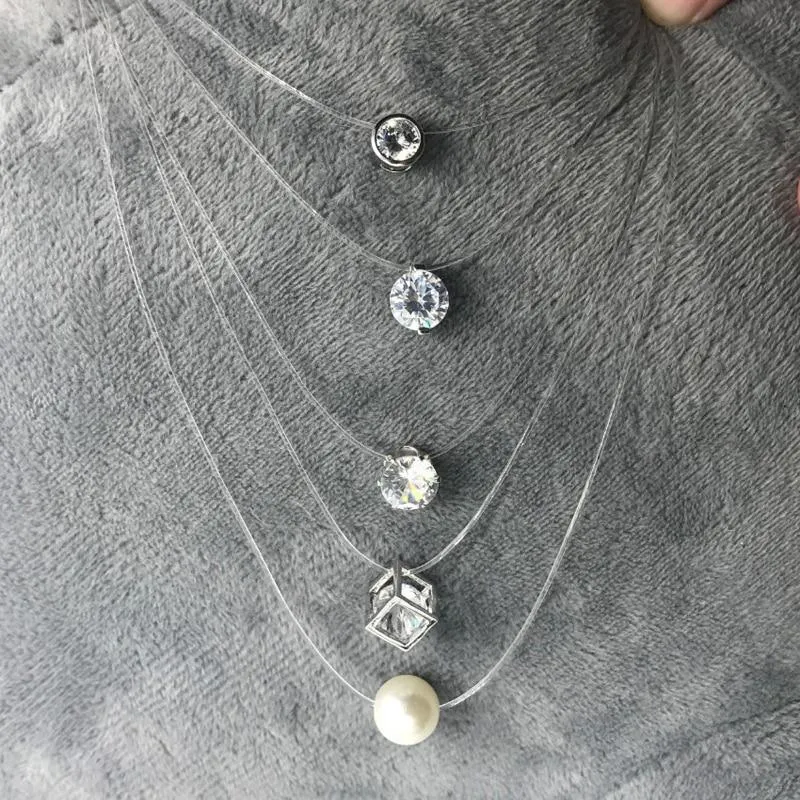 Pearl Crystal Zircon Necklace Invisible Transparent Fishing Line For Women Luxury Jewelry Perfect Gift For Girls Cool Style