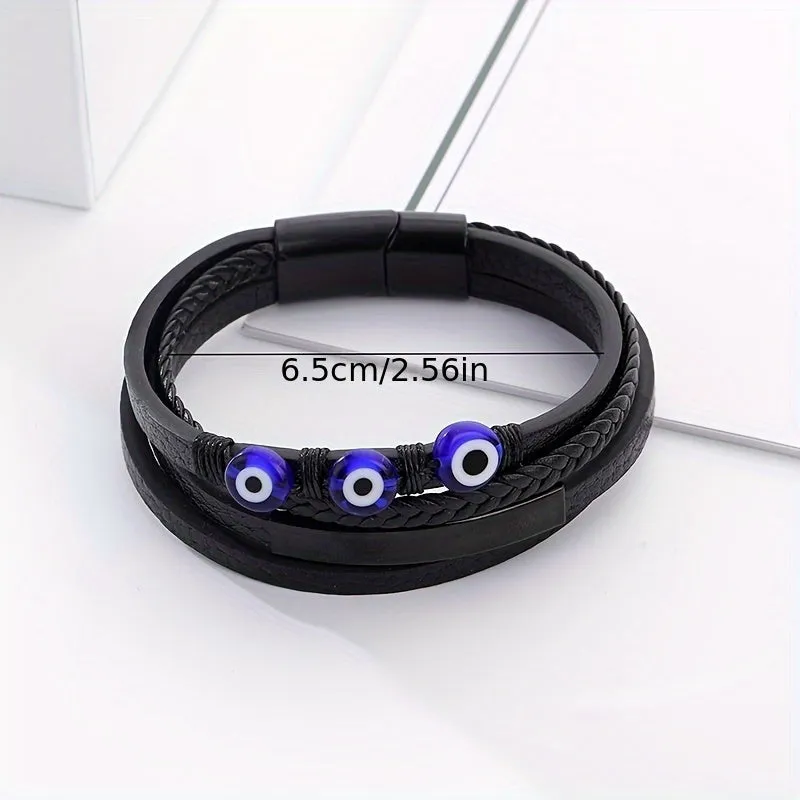 Personalized Evil Eye Layer Braided Bracelet - PU Leather Punk Style
