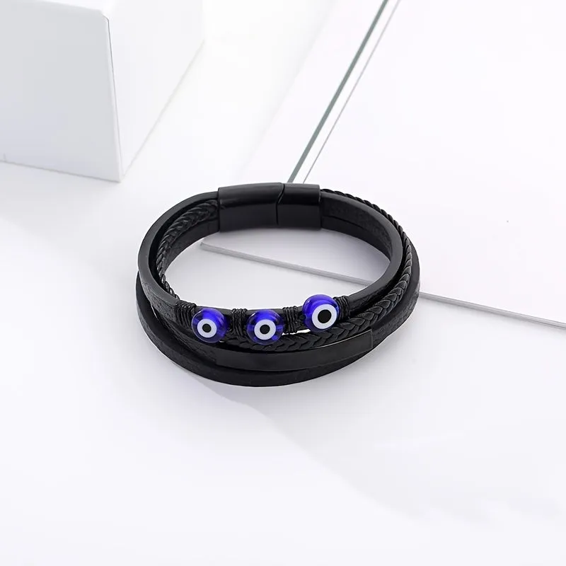 Personalized Evil Eye Layer Braided Bracelet - PU Leather Punk Style