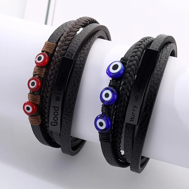 Personalized Evil Eye Layer Braided Bracelet - PU Leather Punk Style