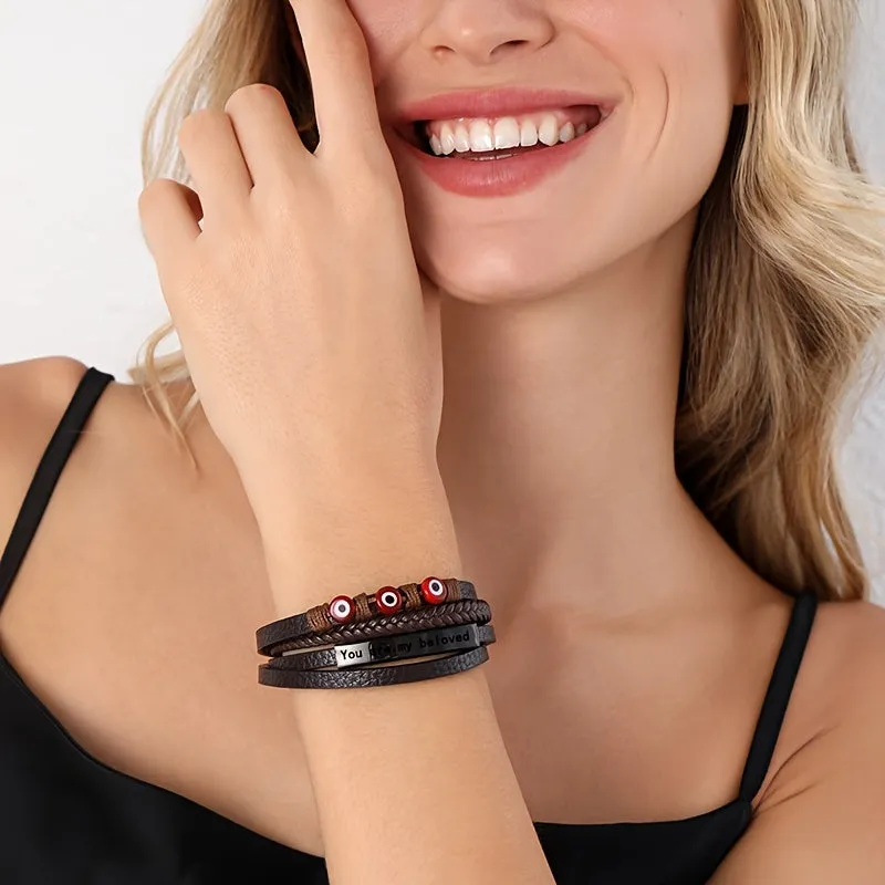 Personalized Evil Eye Layer Braided Bracelet - PU Leather Punk Style