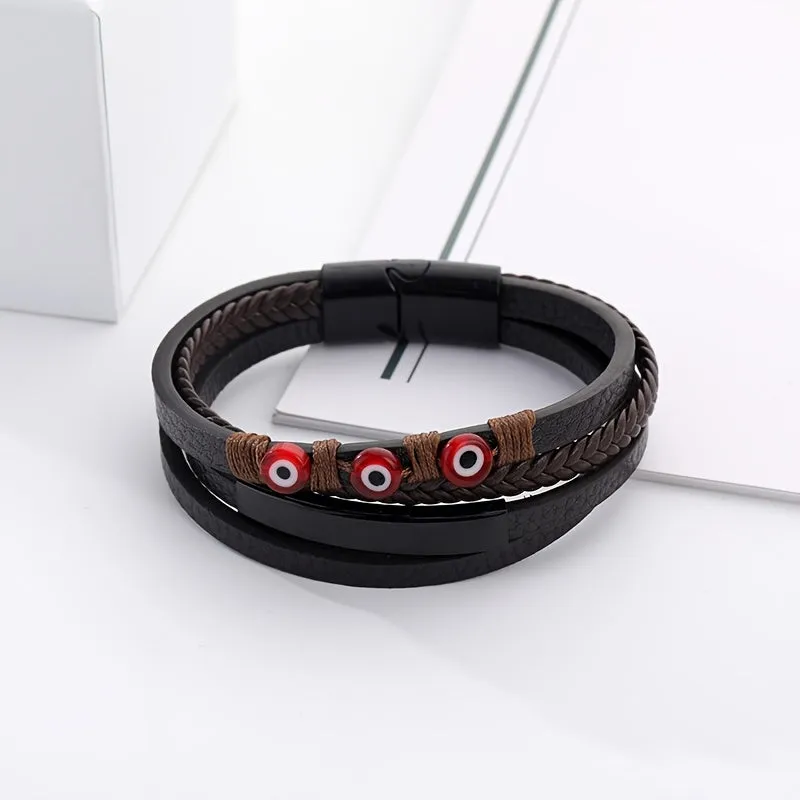 Personalized Evil Eye Layer Braided Bracelet - PU Leather Punk Style