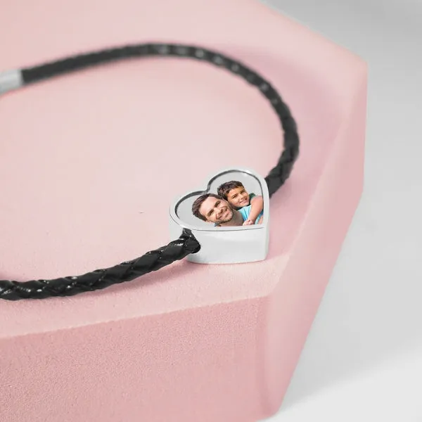 Photo Engraved Leather Rope Bracelet w/ Stainless Steel Heart Charm Jewelry