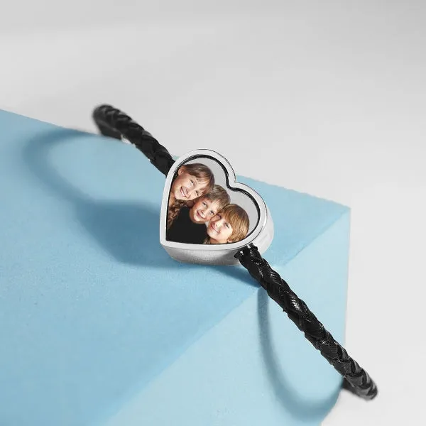 Photo Engraved Leather Rope Bracelet w/ Stainless Steel Heart Charm Jewelry