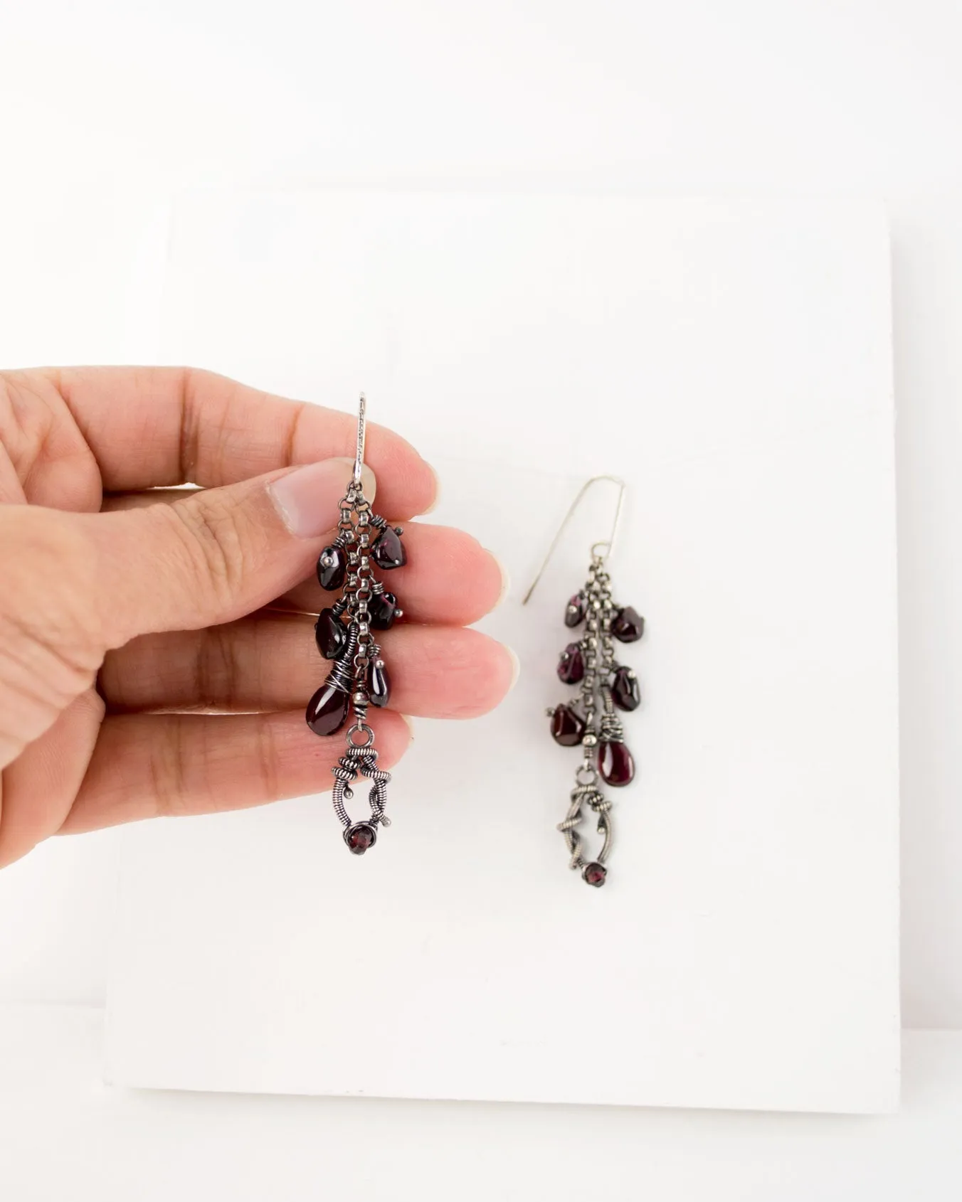Plum garnet earrings | Silver chain dangle earrings